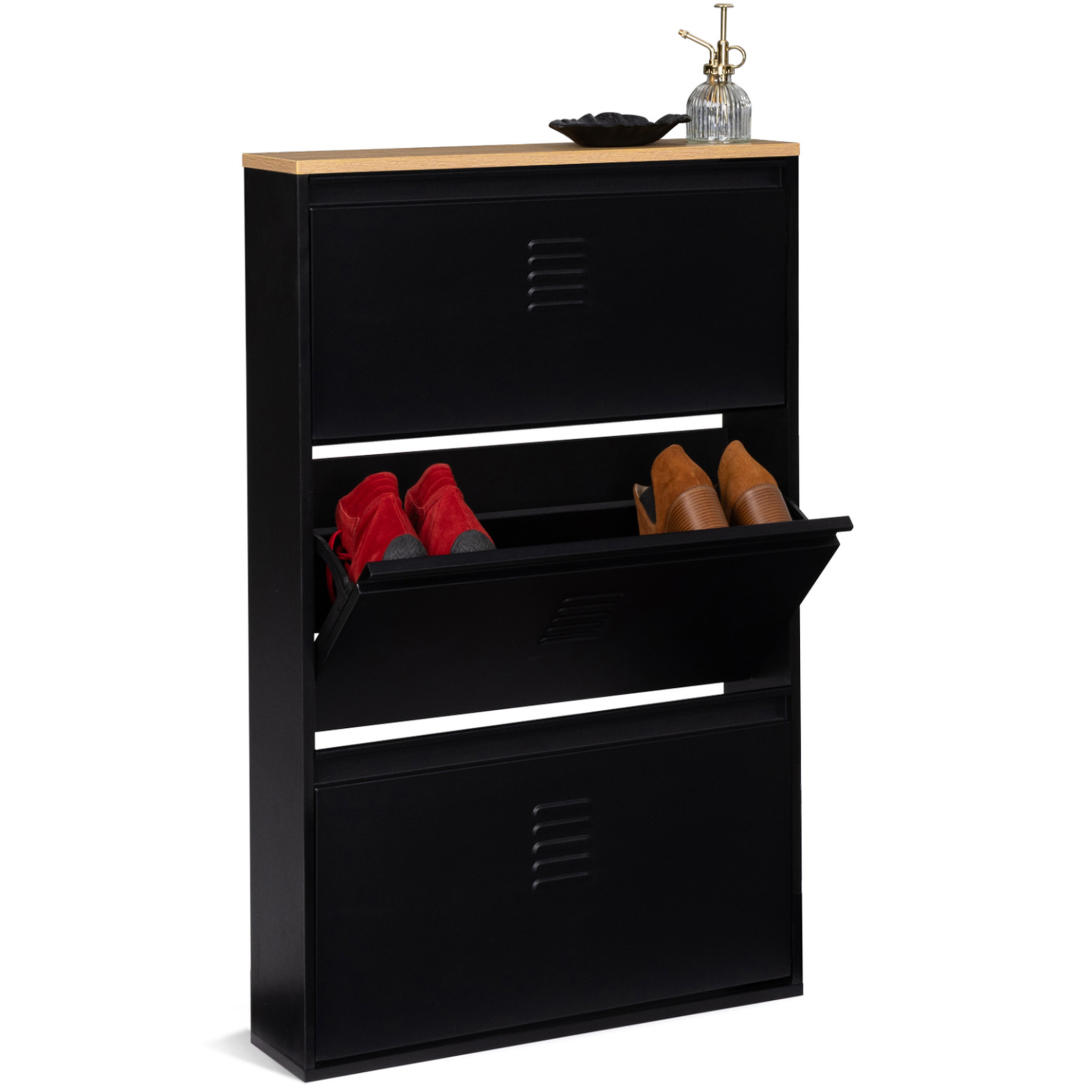 ID MARKET Meuble à chaussures 9 paires ester 3 portes métal noir et plateau façon hêtre design industriel