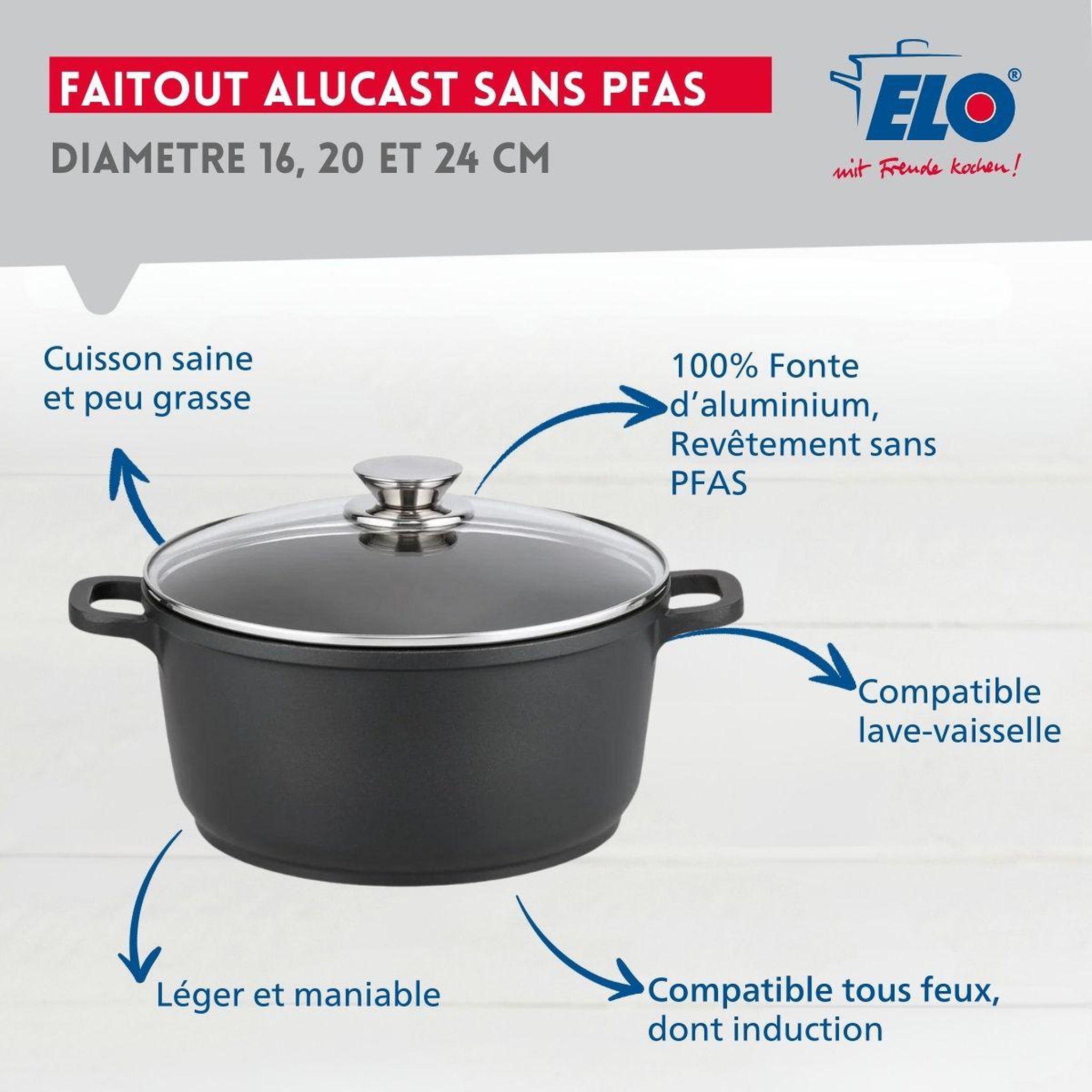 Voir la diapositive 2 : ELO Set de 3 faitouts 16 cm 20 cm et 24 cm sans pfas avec couvercles en verre elo alucast