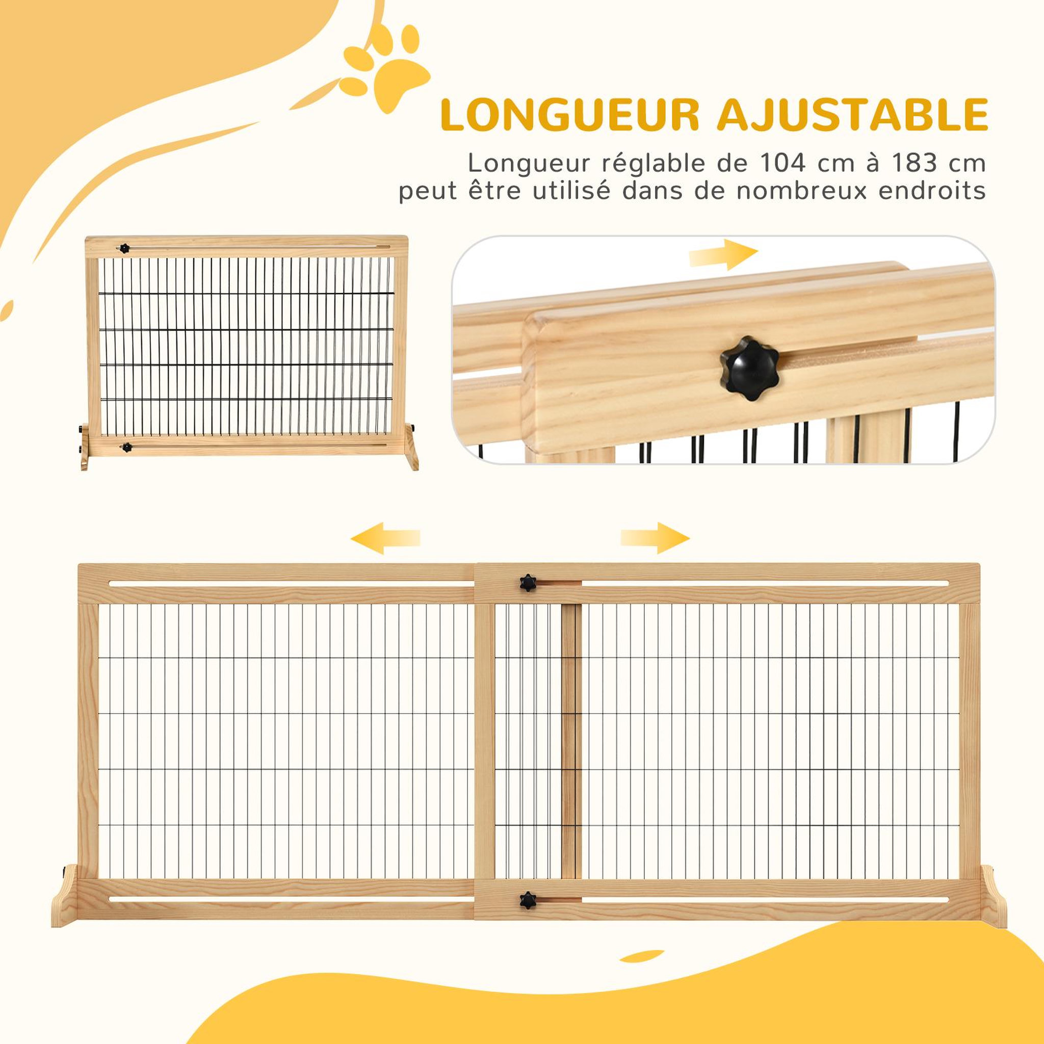 Voir la diapositive 4 : PAWHUT Barrière de sécurité chien barrière autoportante longueur réglable dim. 104-183l x 36l x 69h cm bois pin verni acier noir
