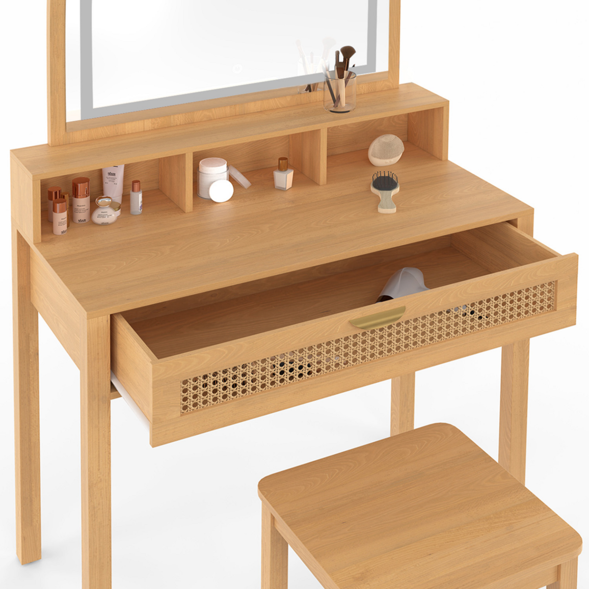 ID MARKET Coiffeuse EDHEN avec miroir LED, 1 tiroir, 3 niches et tabouret effet cannage naturel et bois