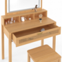Voir la diapositive 5 : ID MARKET Coiffeuse EDHEN avec miroir LED, 1 tiroir, 3 niches et tabouret cannage et bois