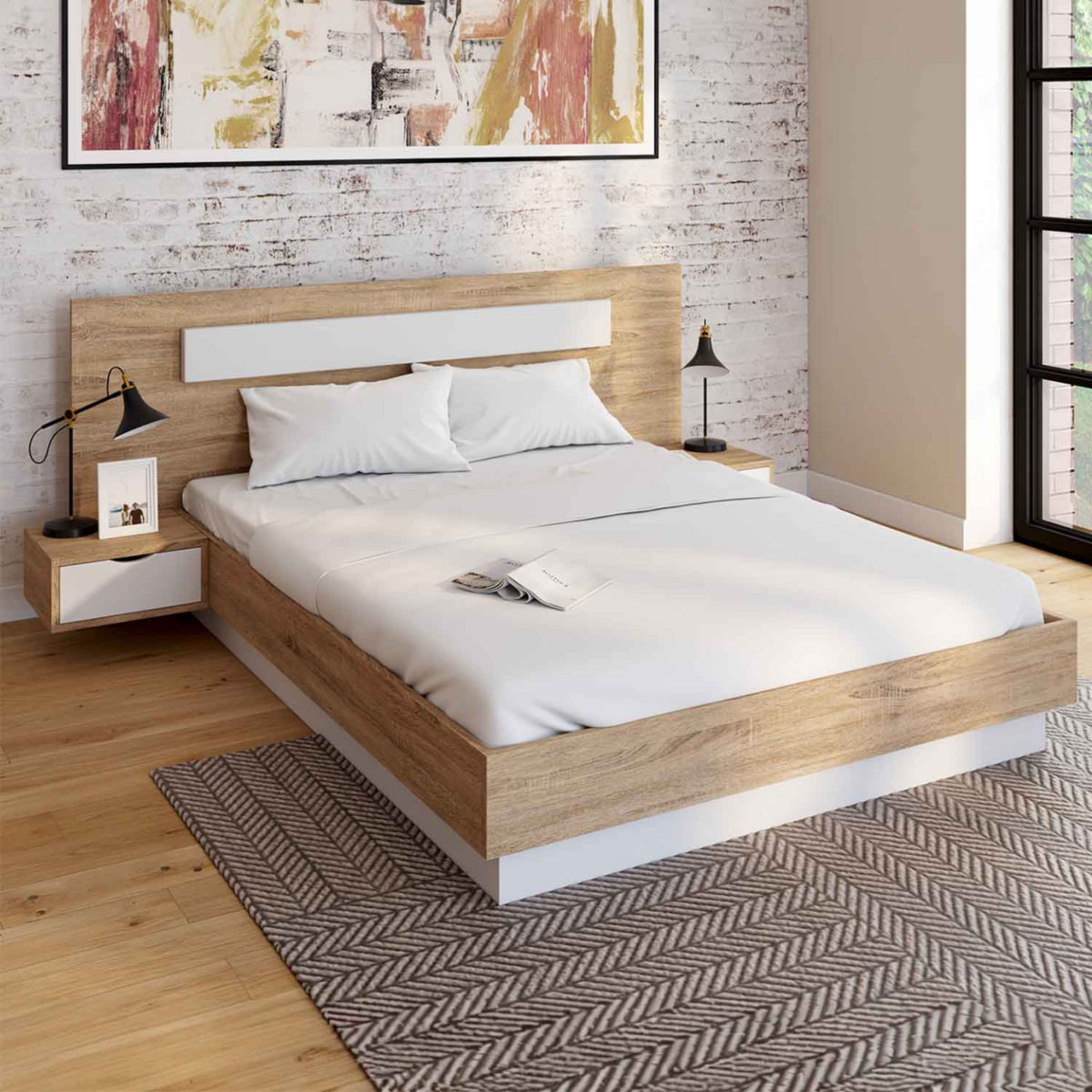ID MARKET Lit double SANTA avec tête de lit + tables de chevet intégrées et sommier 140 x 190 cm bois et blanc