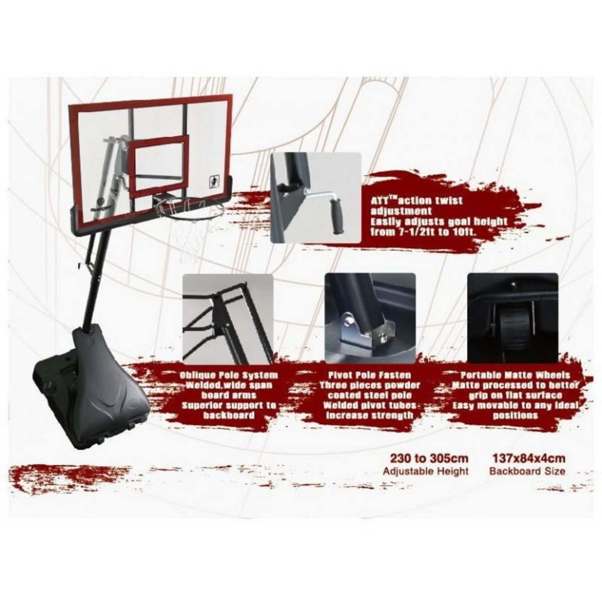 SWAGER Panier de Basketball Pro Deluxe Platinium sur Pied et Mobile, Hauteur Réglable de 2,30m à 3,05m