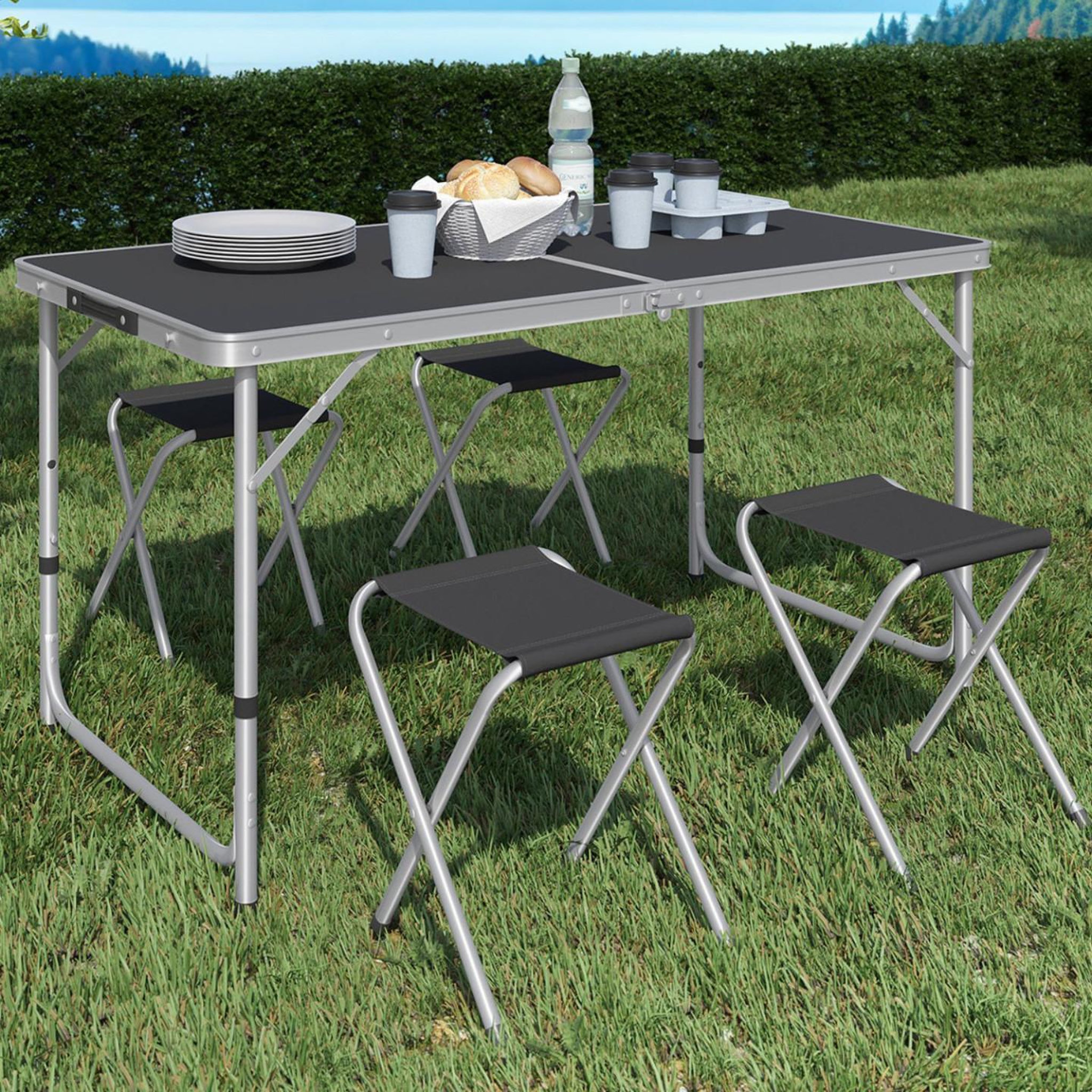 Voir la diapositive 2 : ID MARKET Table de camping pliante d'appoint 120 cm réglable en hauteur et 4 tabourets noirs