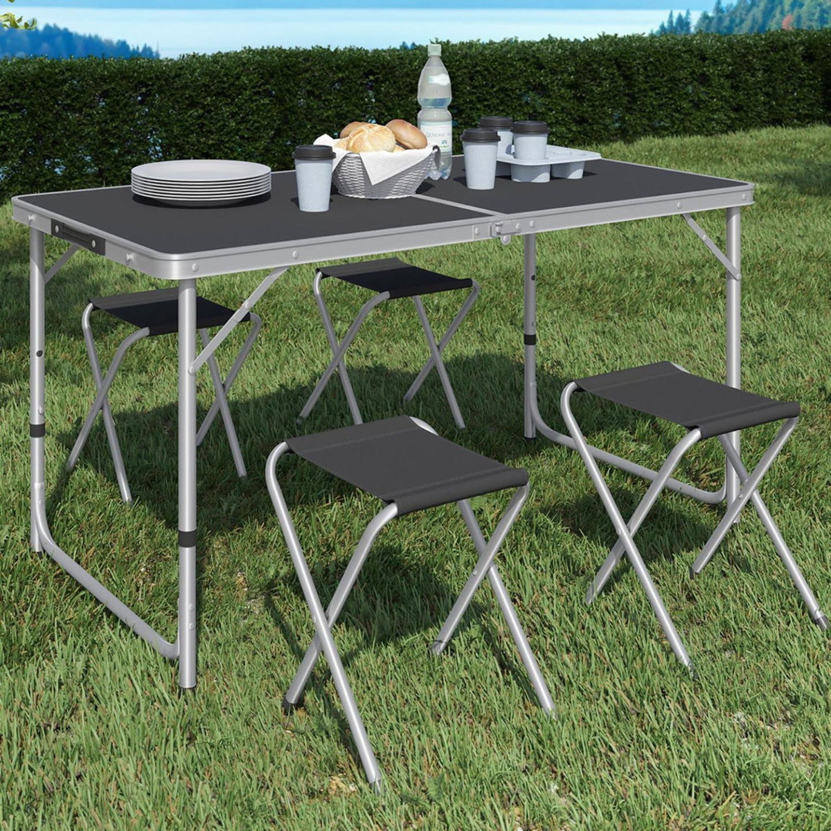 ID MARKET Table de camping pliante réglable en hauteur 120 cm et 4 tabourets noirs