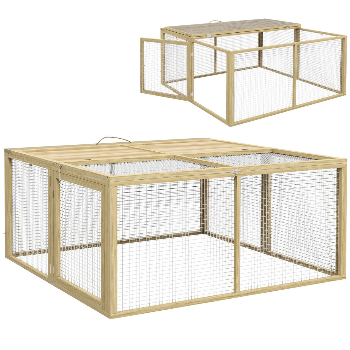 PAWHUT Clapier pliable avec poignée - cage à lapin - toit ouvrant, porte - 120 x 120 x 57 cm - acier bois autoclave