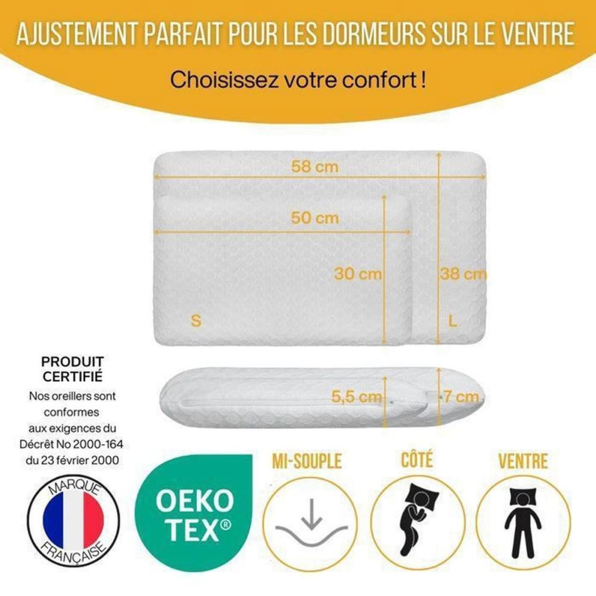Voir la diapositive 6 : Oreiller extra plat en mousse à mémoire de forme pour dormeurs sur le ventre 58x38x7 cm, housse en bambou respirante
