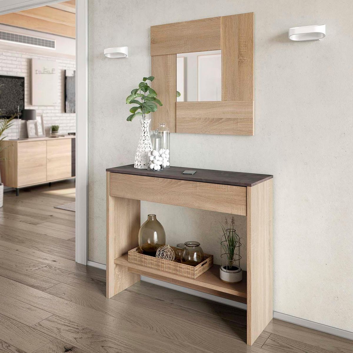 VS VENTA-STOCK Meuble d'entrée Pablo 1 tiroir et miroir, chêne et rouille, 92 cm largeur