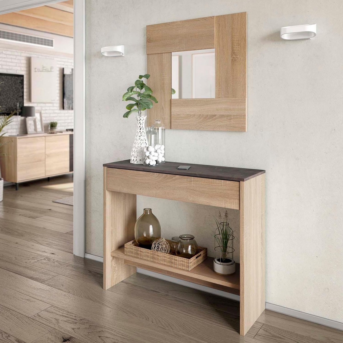 VS VENTA-STOCK Meuble d'entrée Pablo 1 tiroir et miroir, chêne et rouille, 92 cm largeur