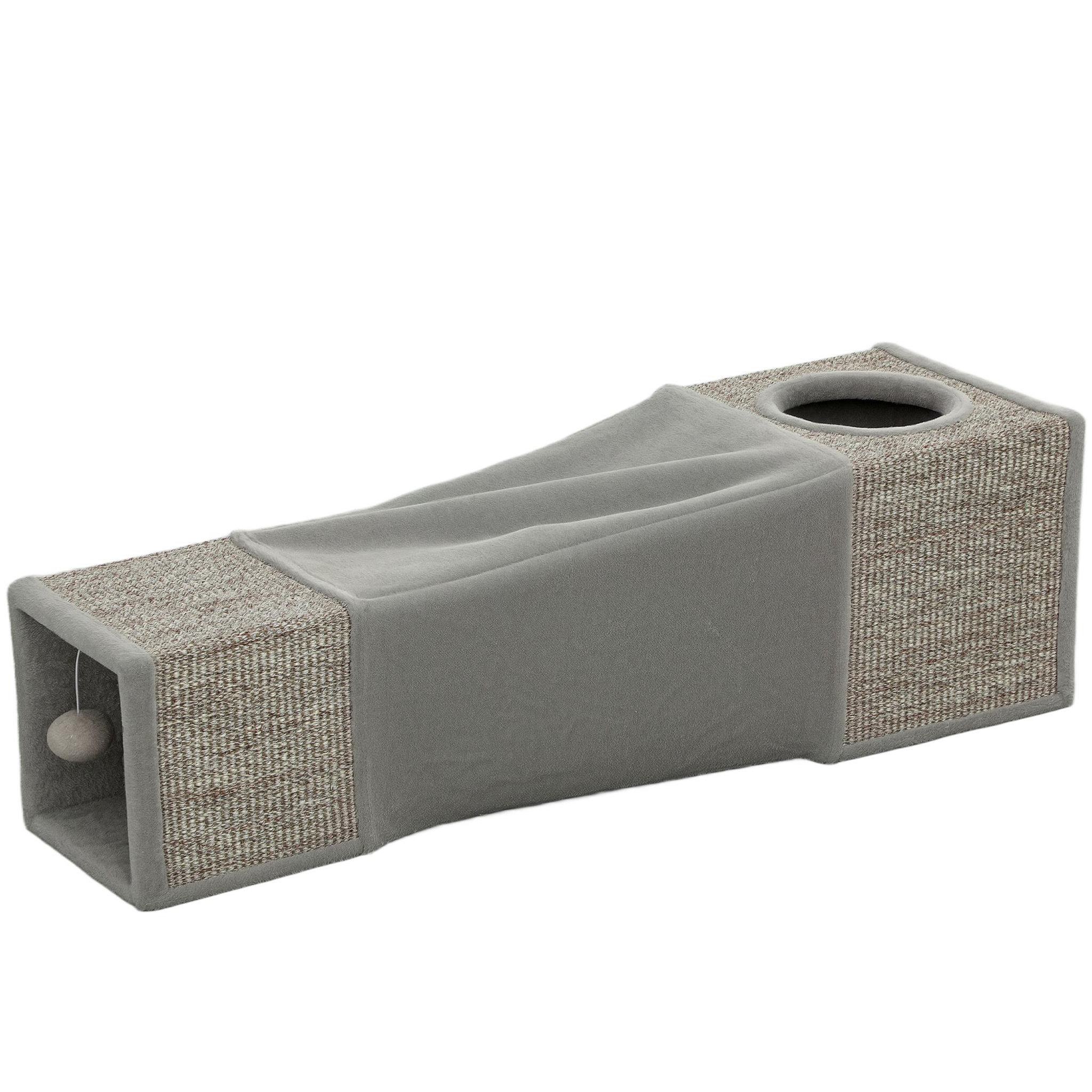 Voir la diapositive 5 : PAWHUT Tunnel grattoir niche modulable pour chat 3 en 1 - jeu balle suspendue - 4 entrées - peluche sisal gris