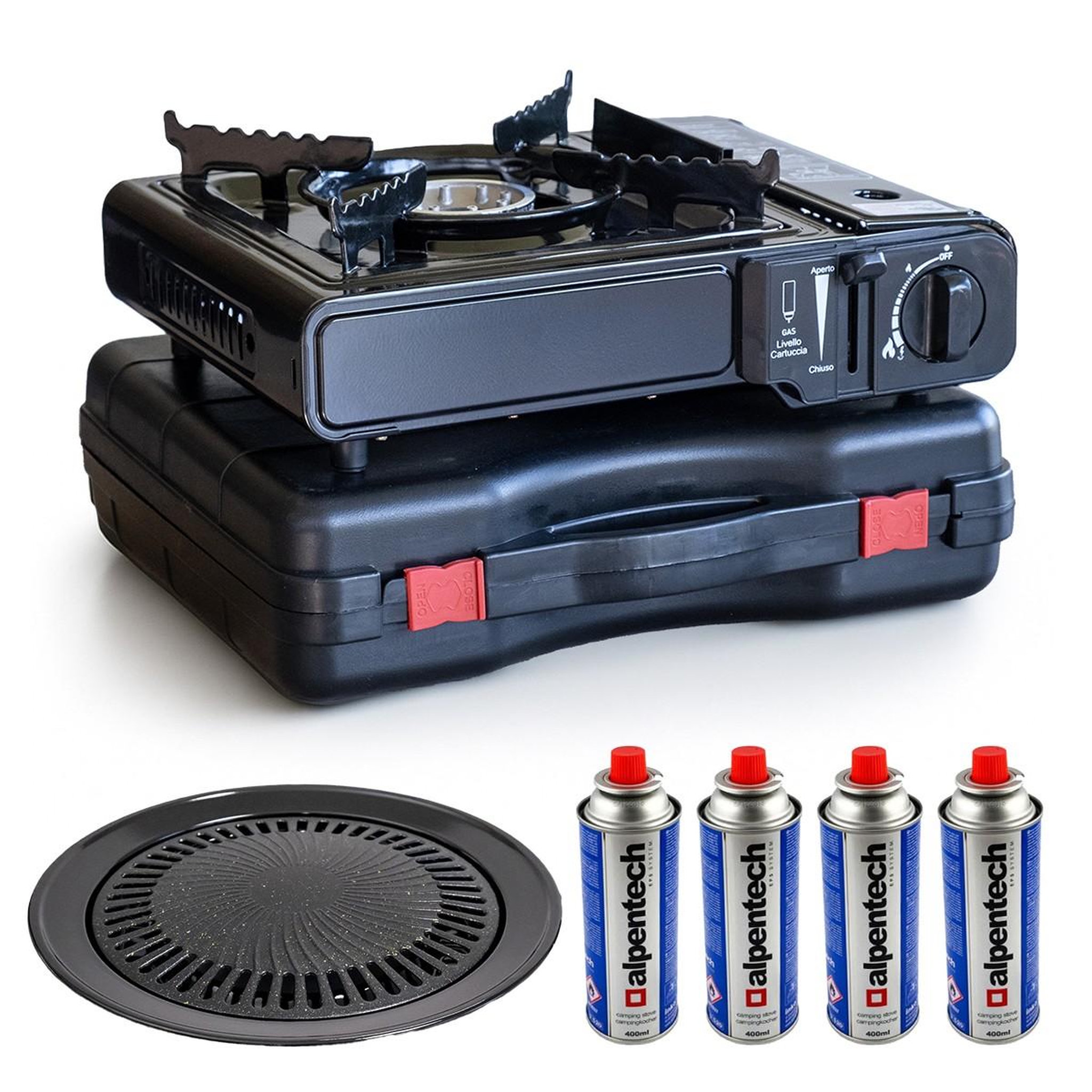 Voir la diapositive 1 : BRIXO Barbecue à gaz et Réchaud gaz 2200W Piezo + 4 cartouches gaz Camping Cuisine Exterieure