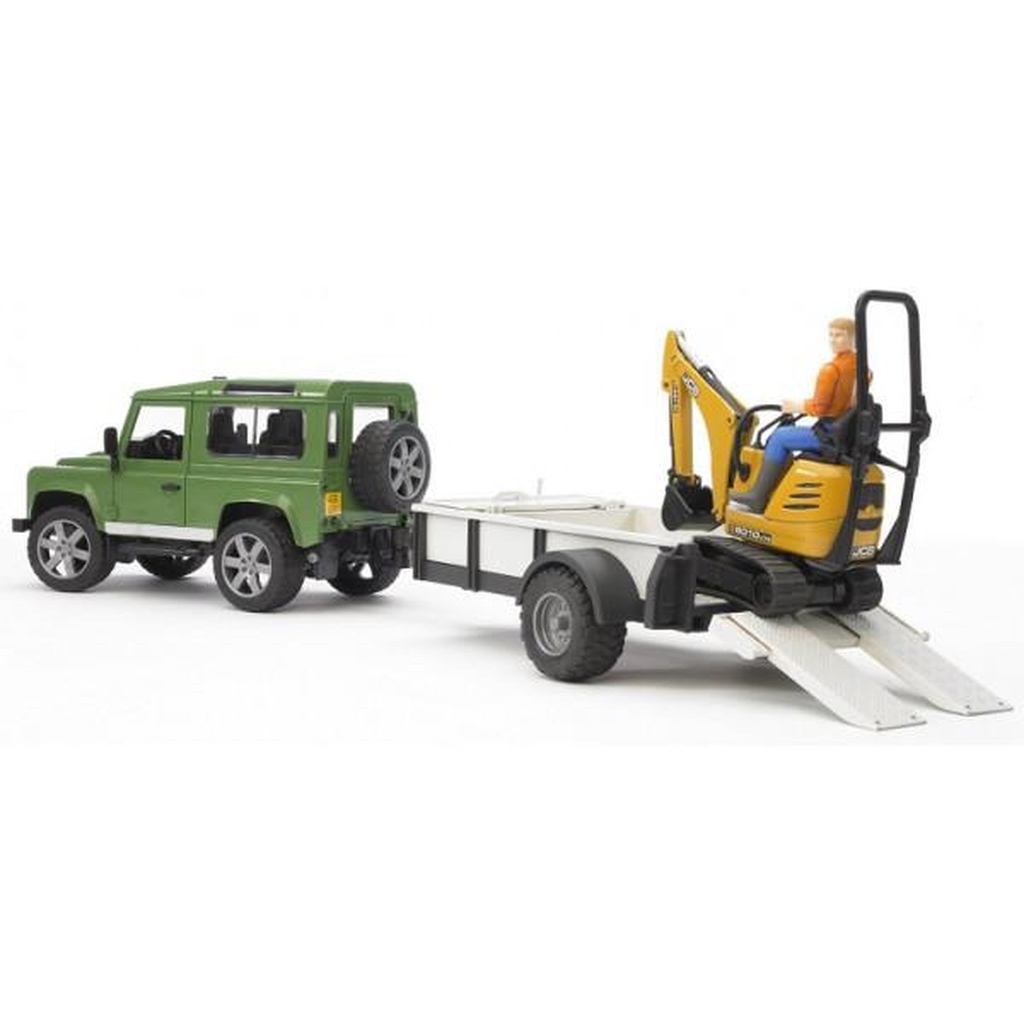 Bruder Vehicule land rover + remorque + mini pelle jcb + personnage