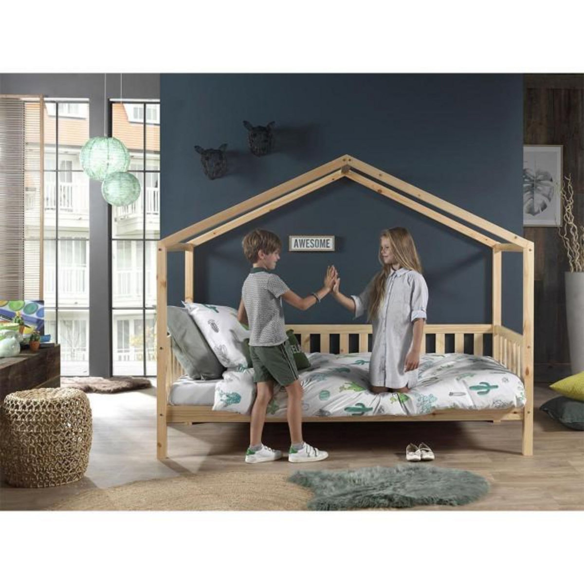 Paris Prix Pack - Lit Enfant Cabane & Matelas  Dallas II  90x200cm Naturel