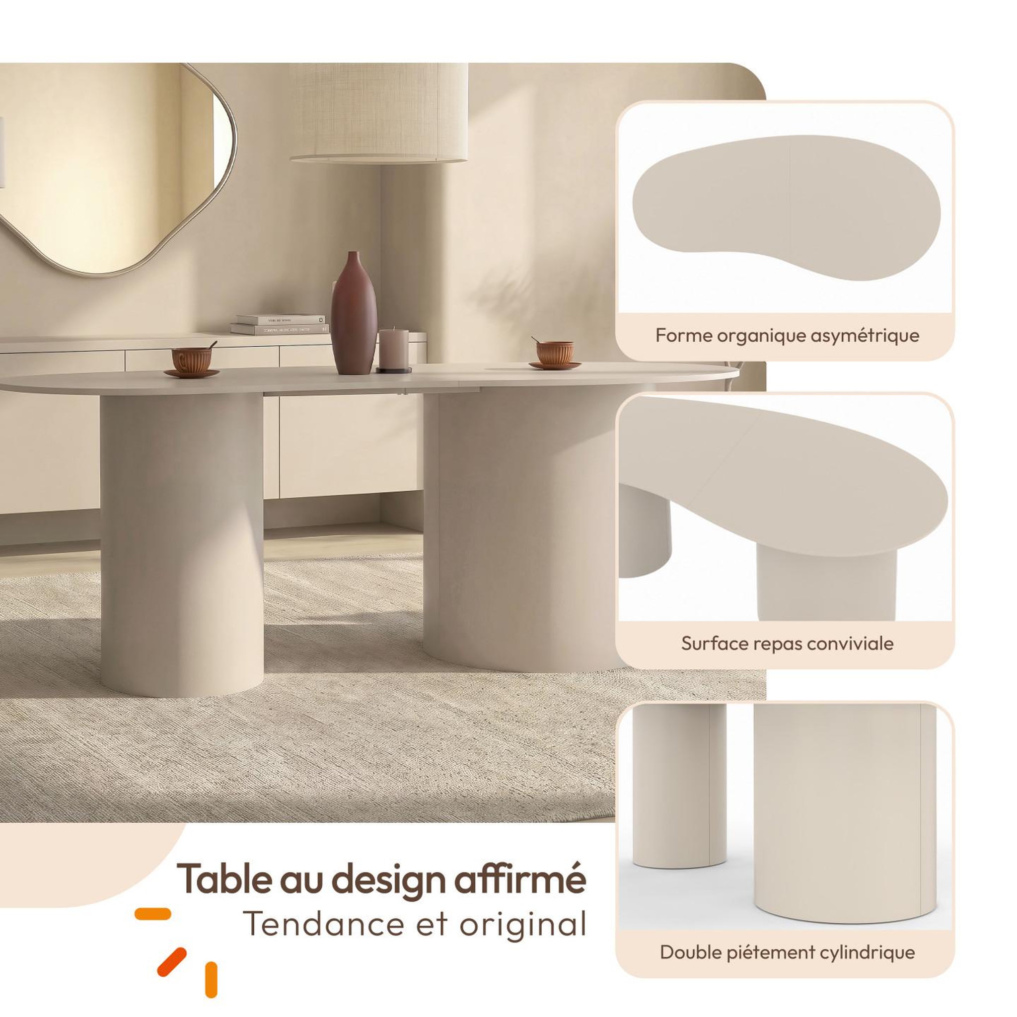 Voir la diapositive 3 : ID MARKET Table à manger ovale organique orphea 8 personnes 2 pieds cylindriques beige 200 cm
