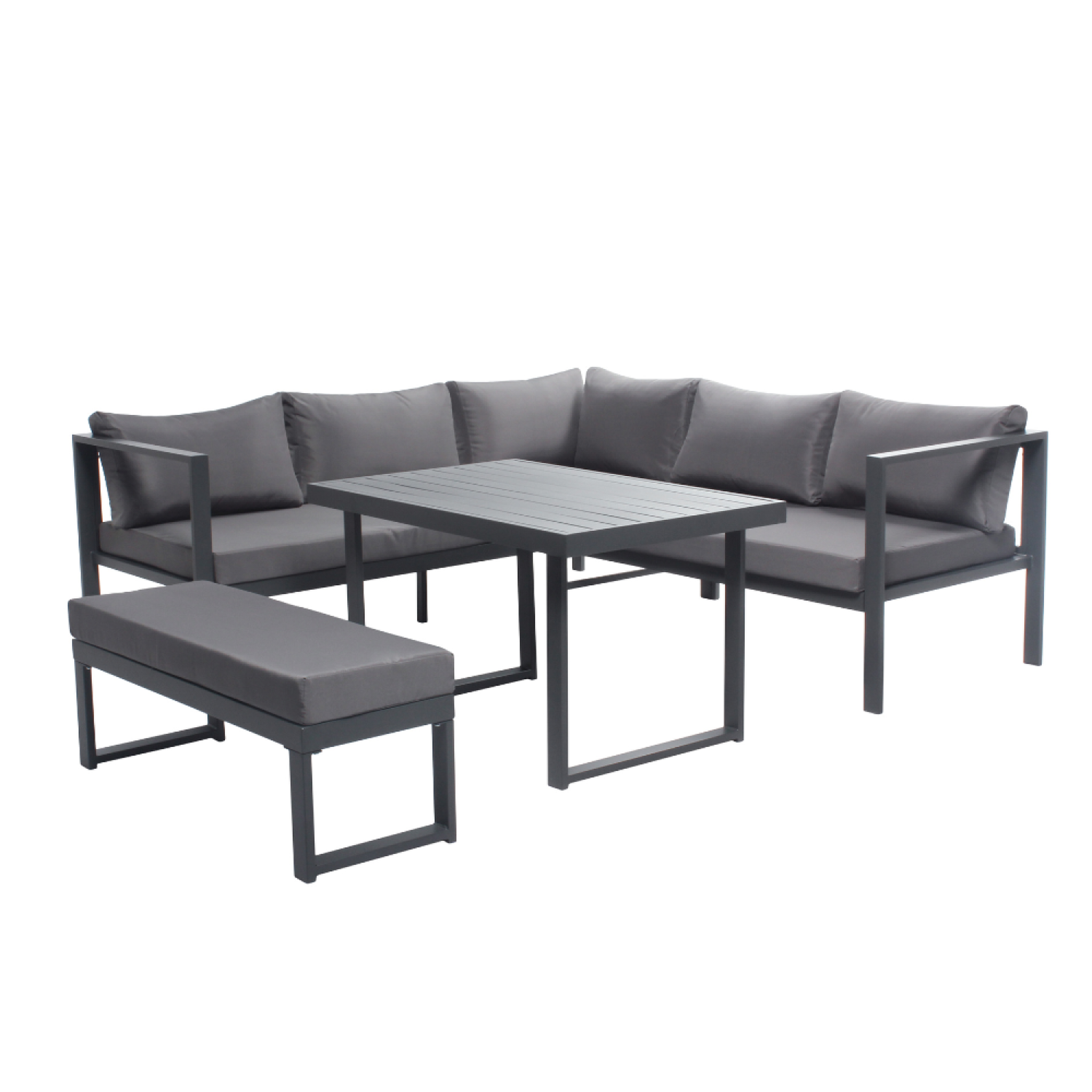 Voir la diapositive 1 : CONCEPT USINE Salon de jardin 6 places gris foncé avec canapé et banc MARBELLA