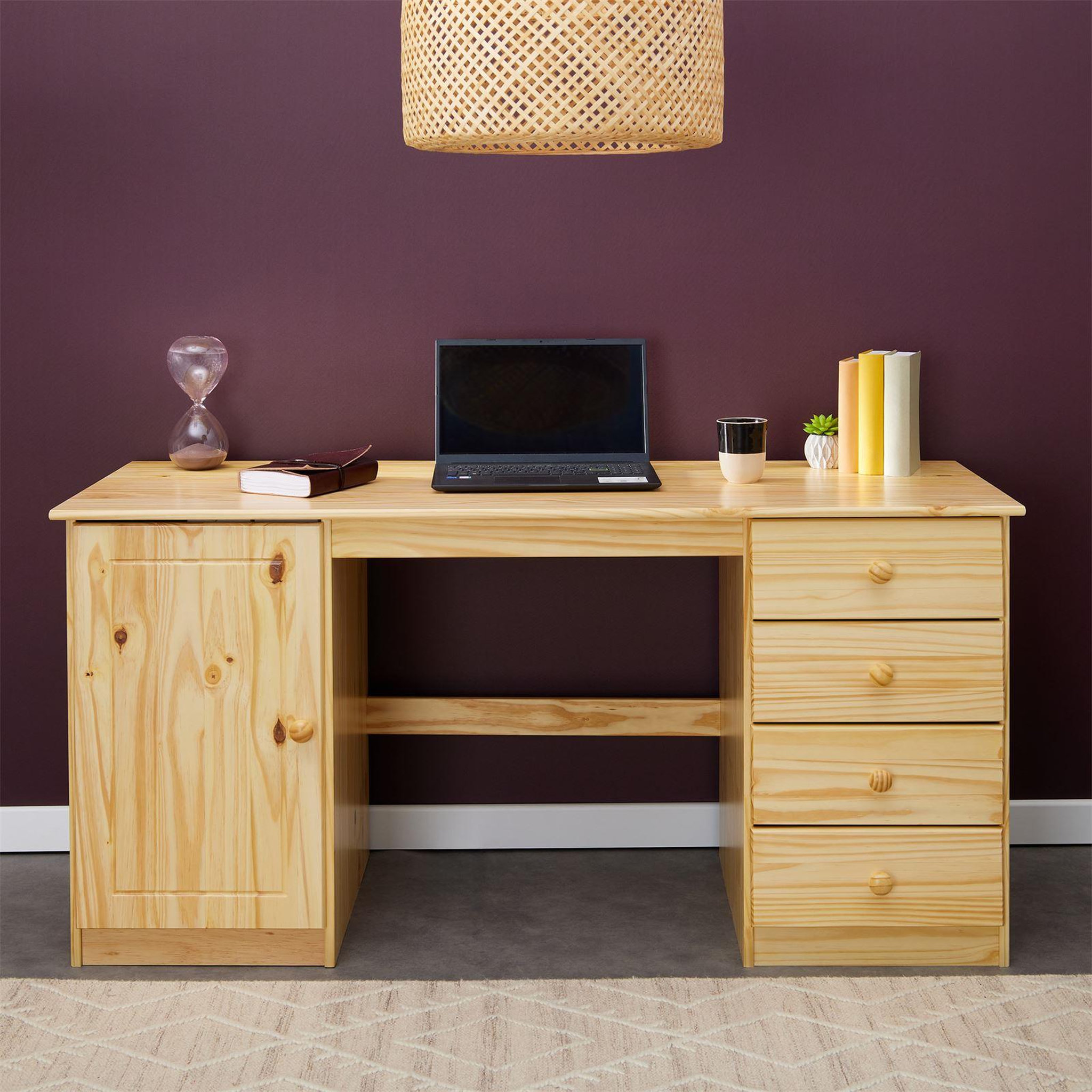 Voir la diapositive 3 : IDIMEX Bureau multi rangements MANAGER avec 4 tiroirs et 1 portes, en pin massif au vernis naturel