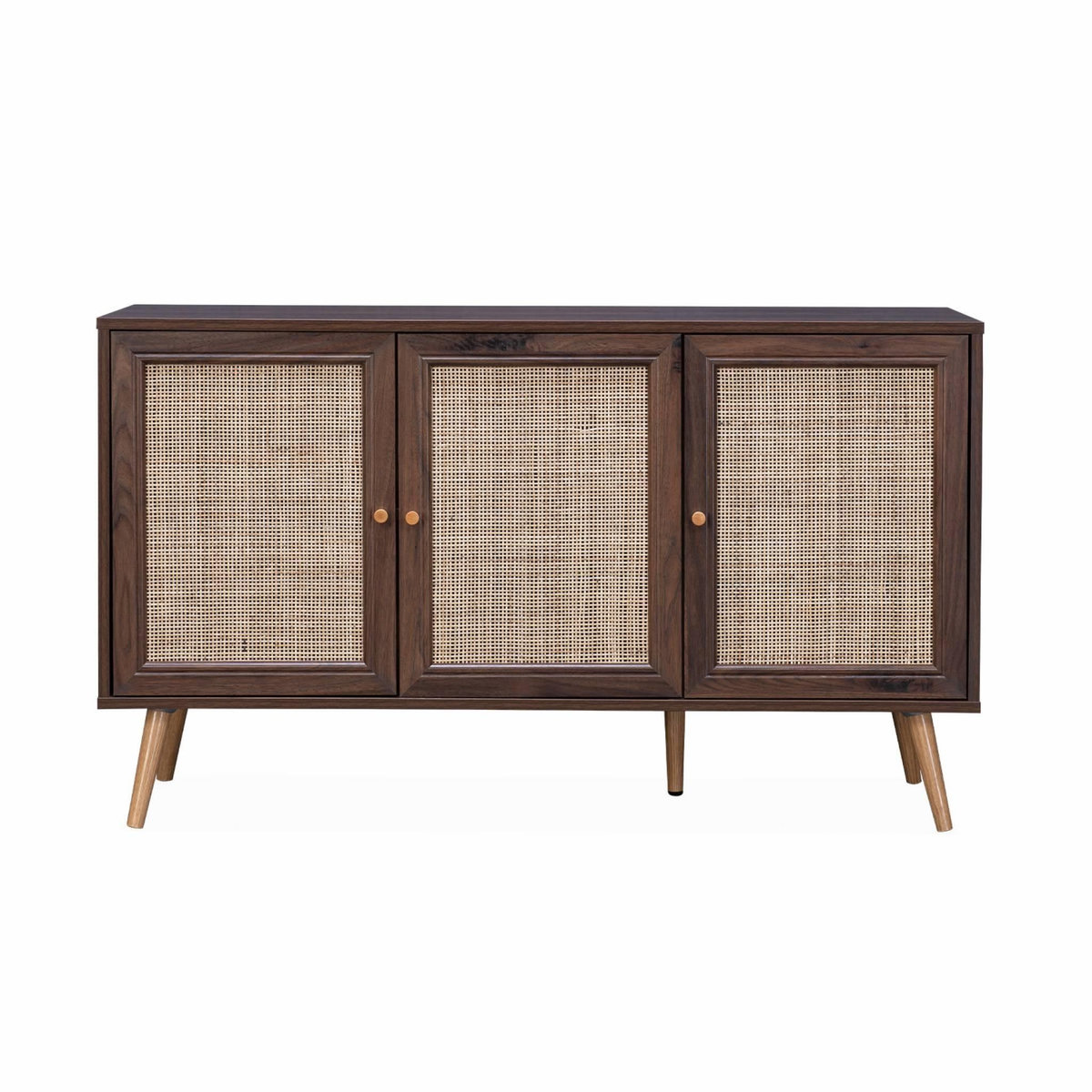 SWEEEK Buffet de rangement en cannage 120x39x70cm  - Bohème - 2 niveaux. 3 portes. pieds scandinaves. buffet bas