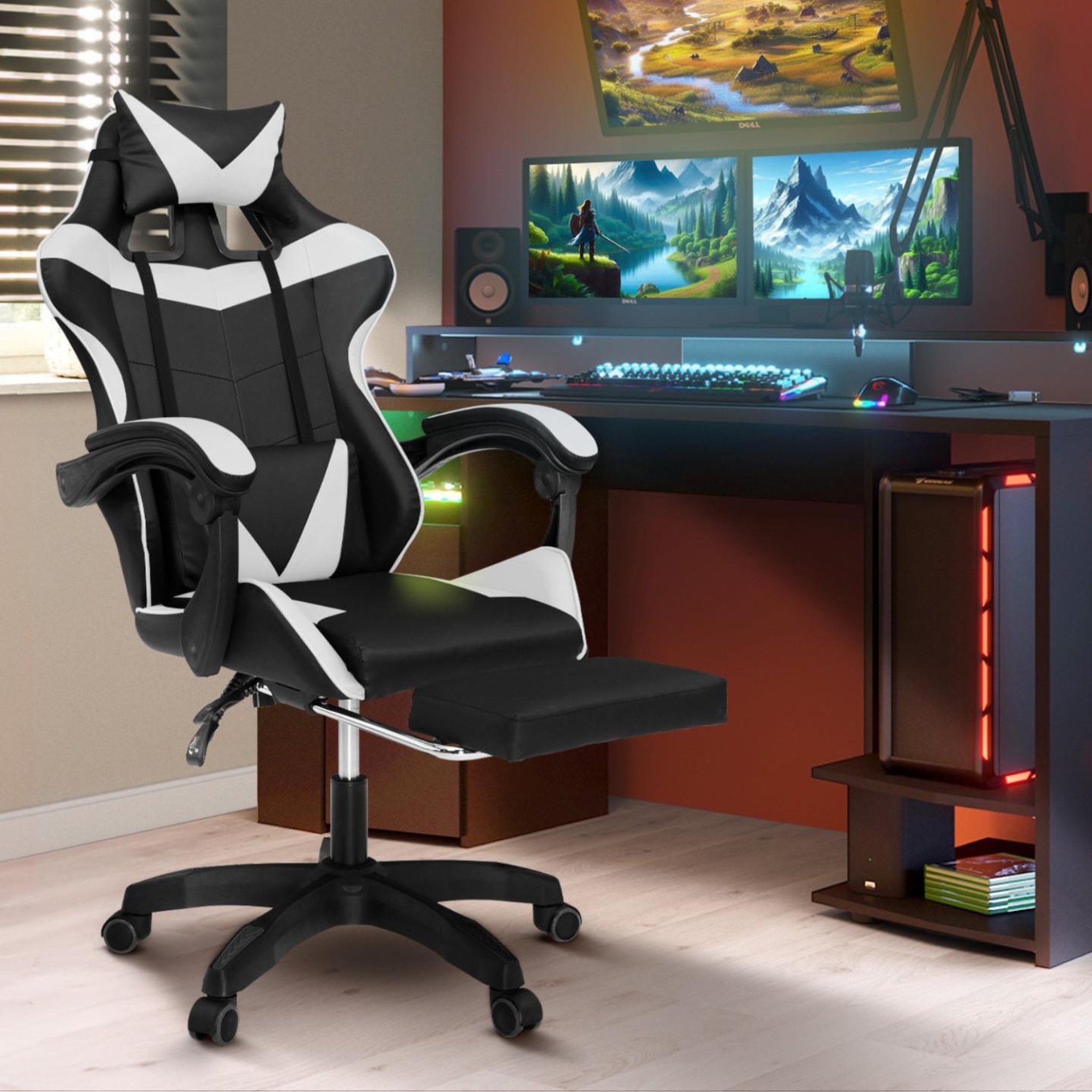 Voir la diapositive 2 : ID MARKET Fauteuil de gaming alex réglable avec repose-pied, coussin de tête et coussin lombaire noir et blanc