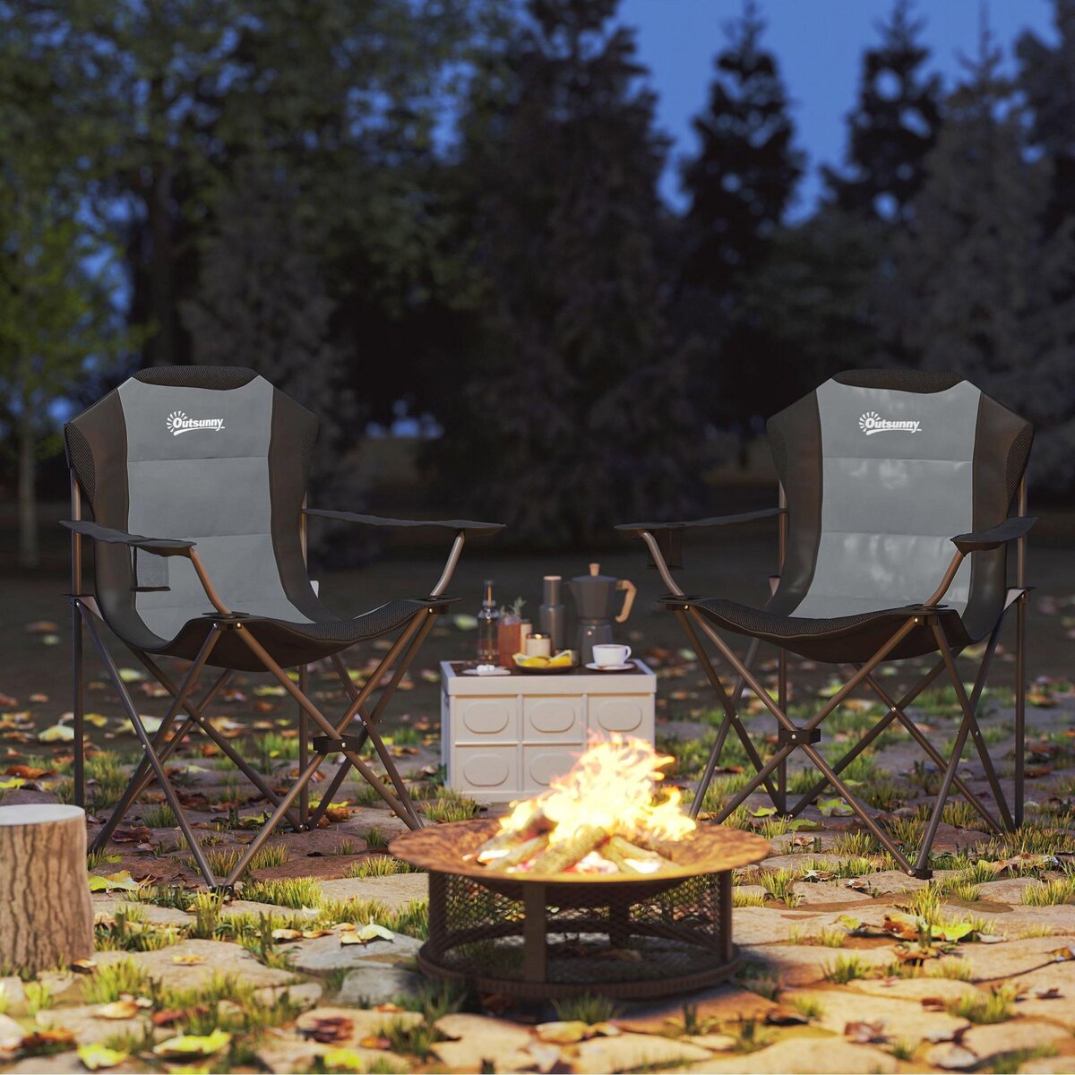 OUTSUNNY Lot de 2 chaises pliantes rembourrées de camping - porte-gobelet - gris
