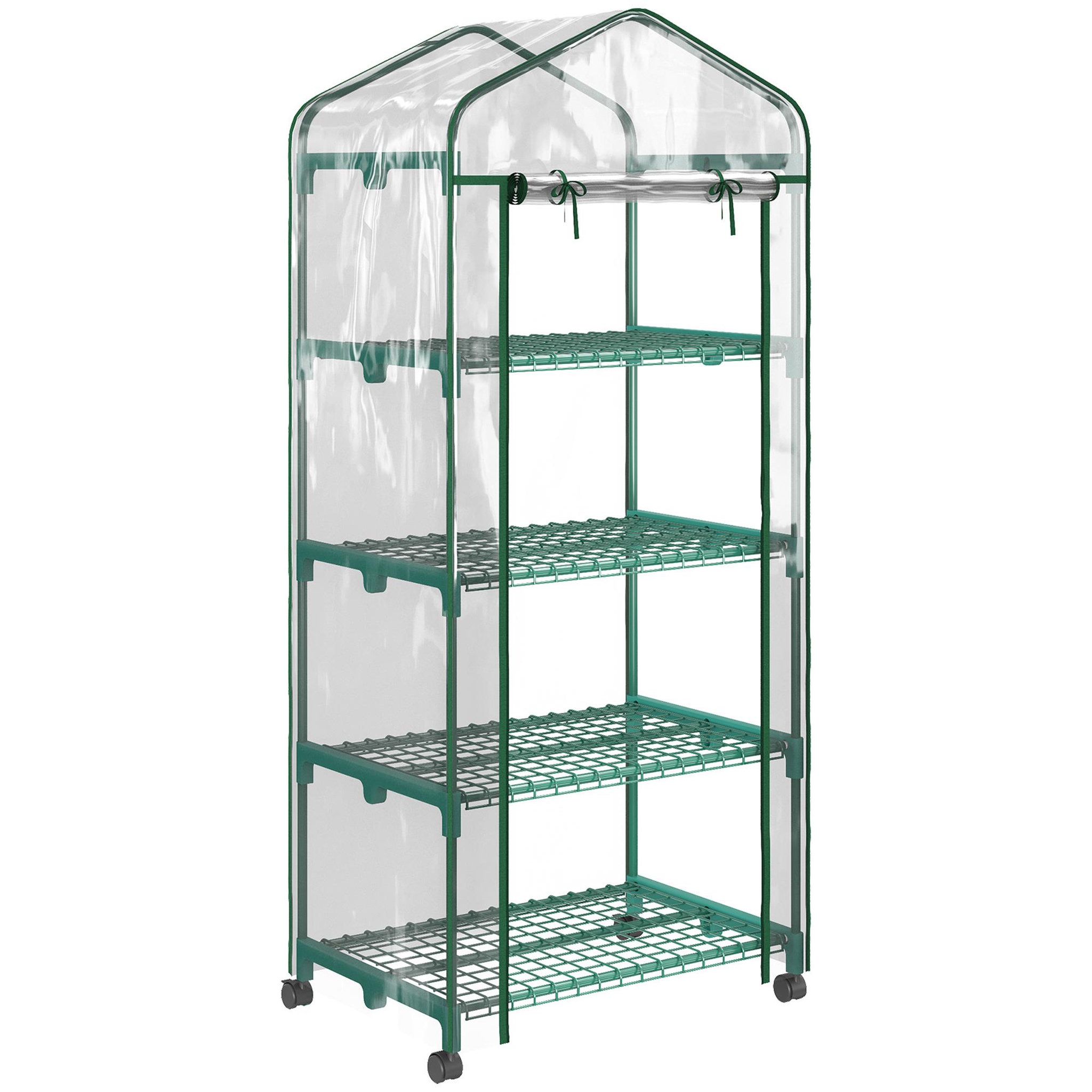OUTSUNNY Serre de jardin balcon sur roulettes 4 étagères dim. 0,69l x 0,5l x 1,65h m acier thermolaqué bâche pvc porte zippée transparente