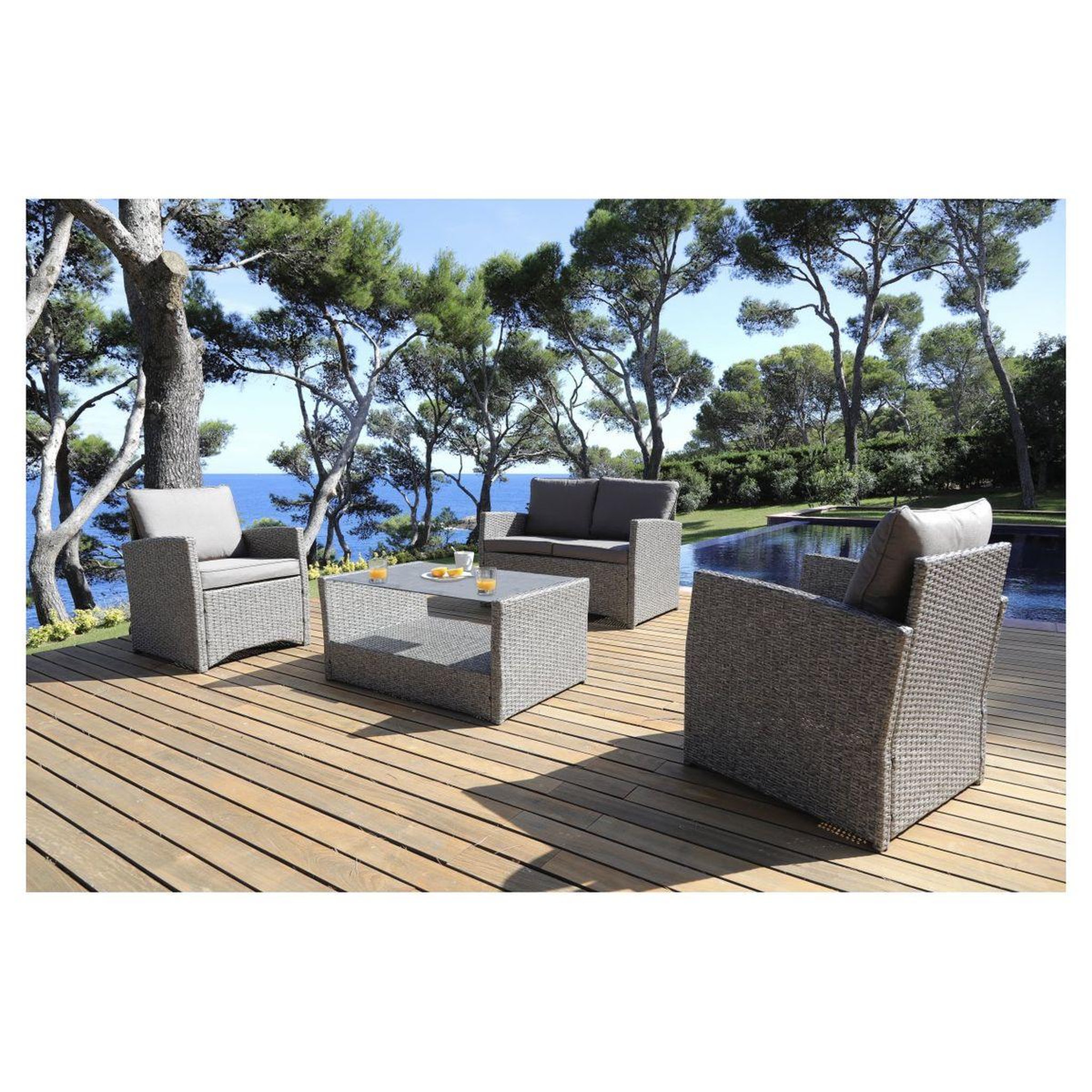 Voir la diapositive 1 : Salon bas de jardin 4 personnes en résine tréssée THYM