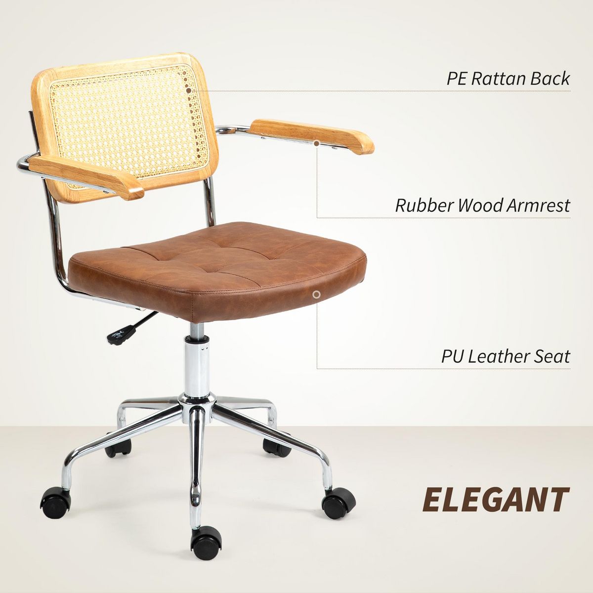 HOMCOM Chaise de bureau style vintage - réglable, pivotante - acier chromé bois aspect rotin assise effet capitonné