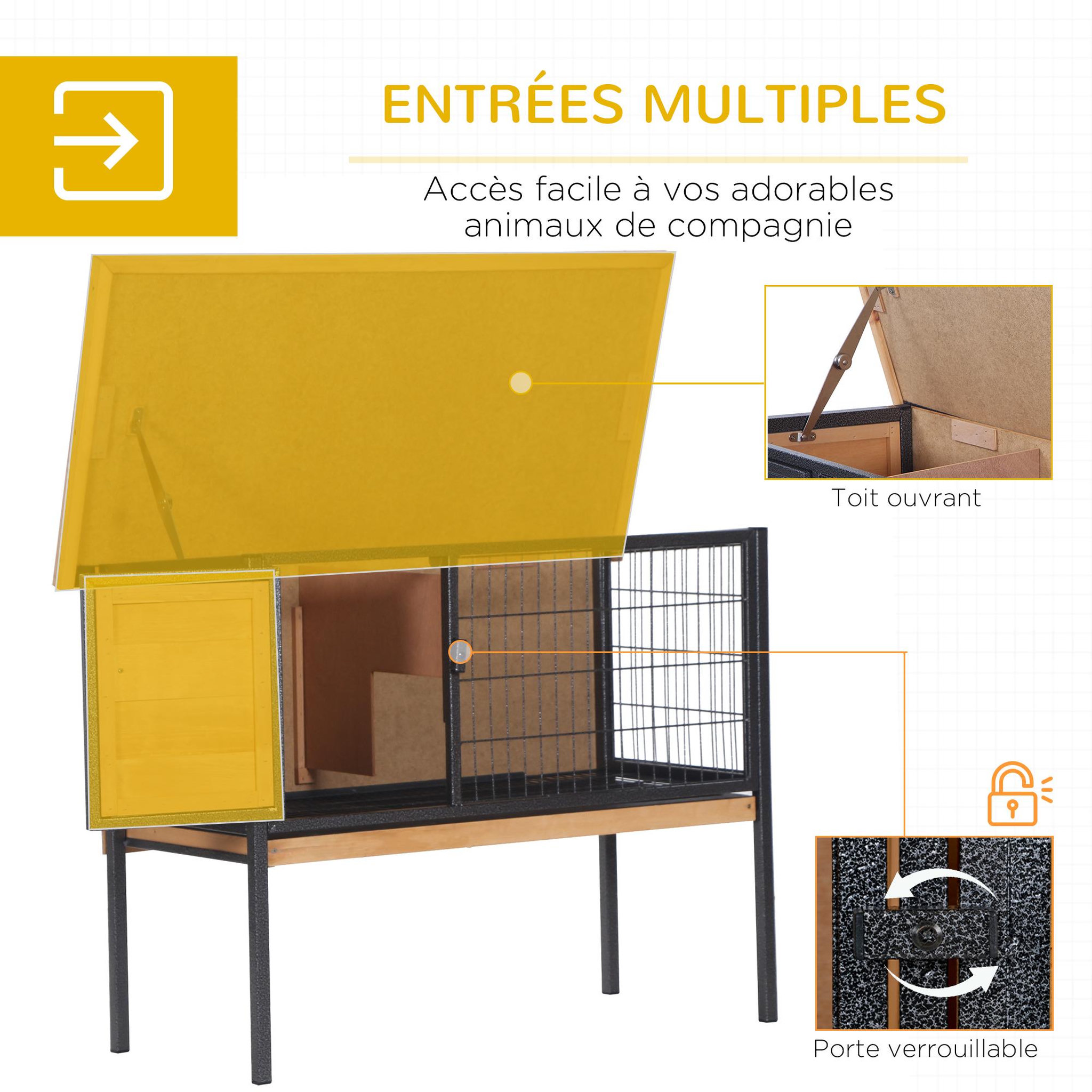 Voir la diapositive 5 : PAWHUT Cage à lapin clapier sur pied - toit ouvrable - dim. 91,5l x 45l x 70h cm - métal époxy bois pré-huilé
