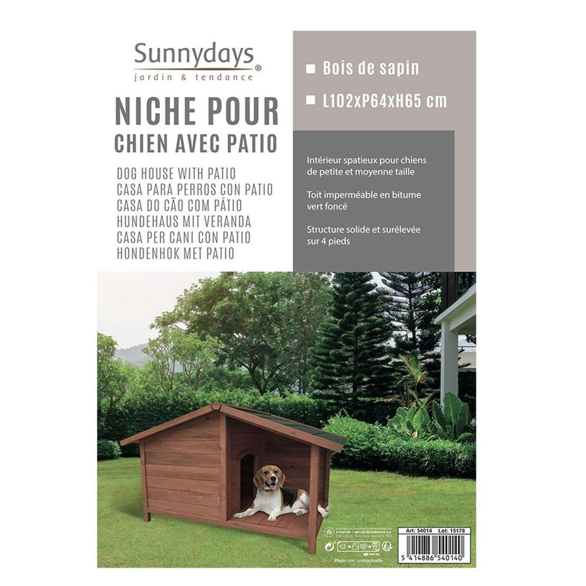 TOILINUX Niche pour chien Rio avec patio en bois naturel