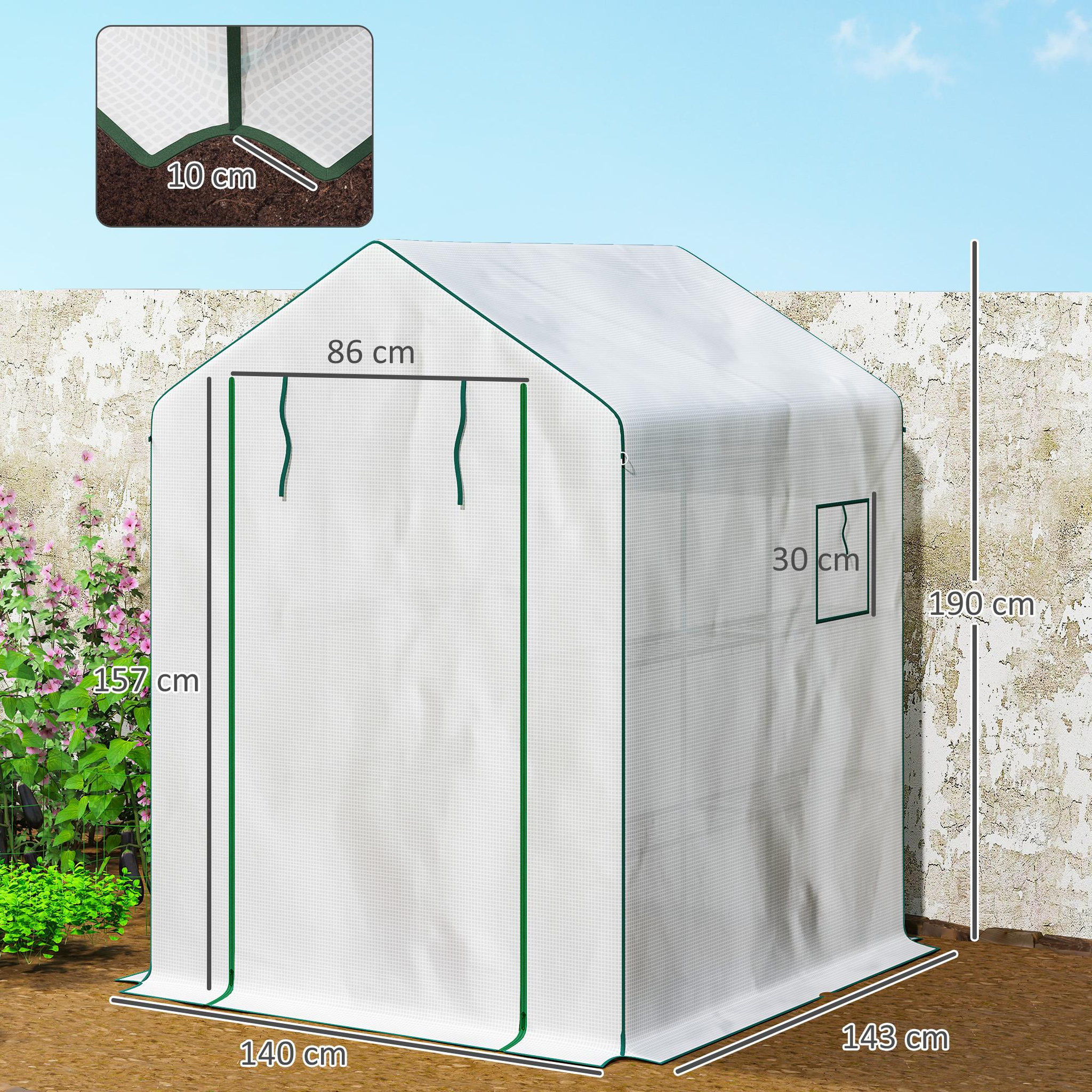 Voir la diapositive 3 : OUTSUNNY Serre de jardin 4 tablettes dim. 1,4l x 1,43l x 1,9h m porte déroulante fenêtre acier pe haute densité blanc