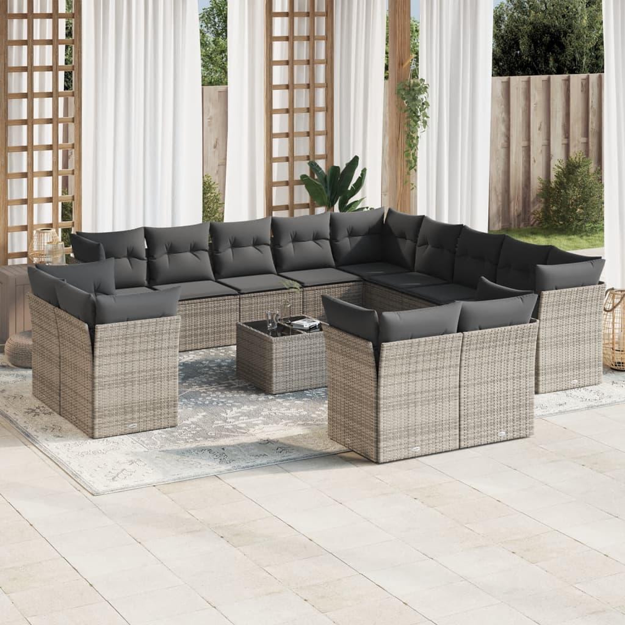 VIDAXL Salon de jardin avec coussins 14 pcs gris resine tressee