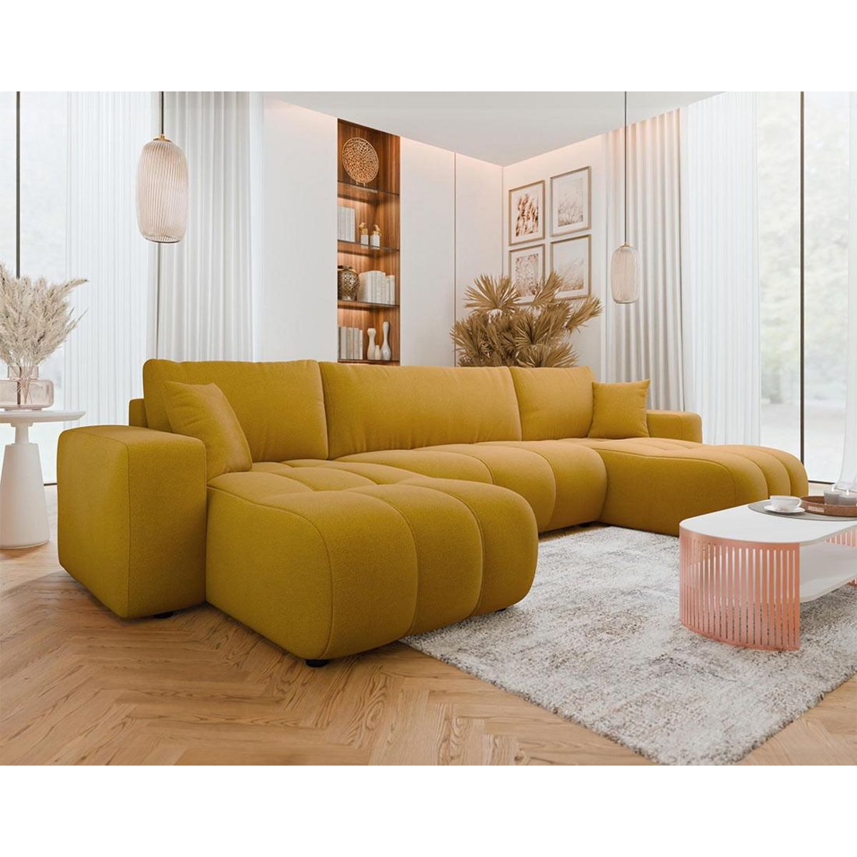 BEST MOBILIER Nicole - canapé panoramique en u 7 places convertible avec coffre en tissu