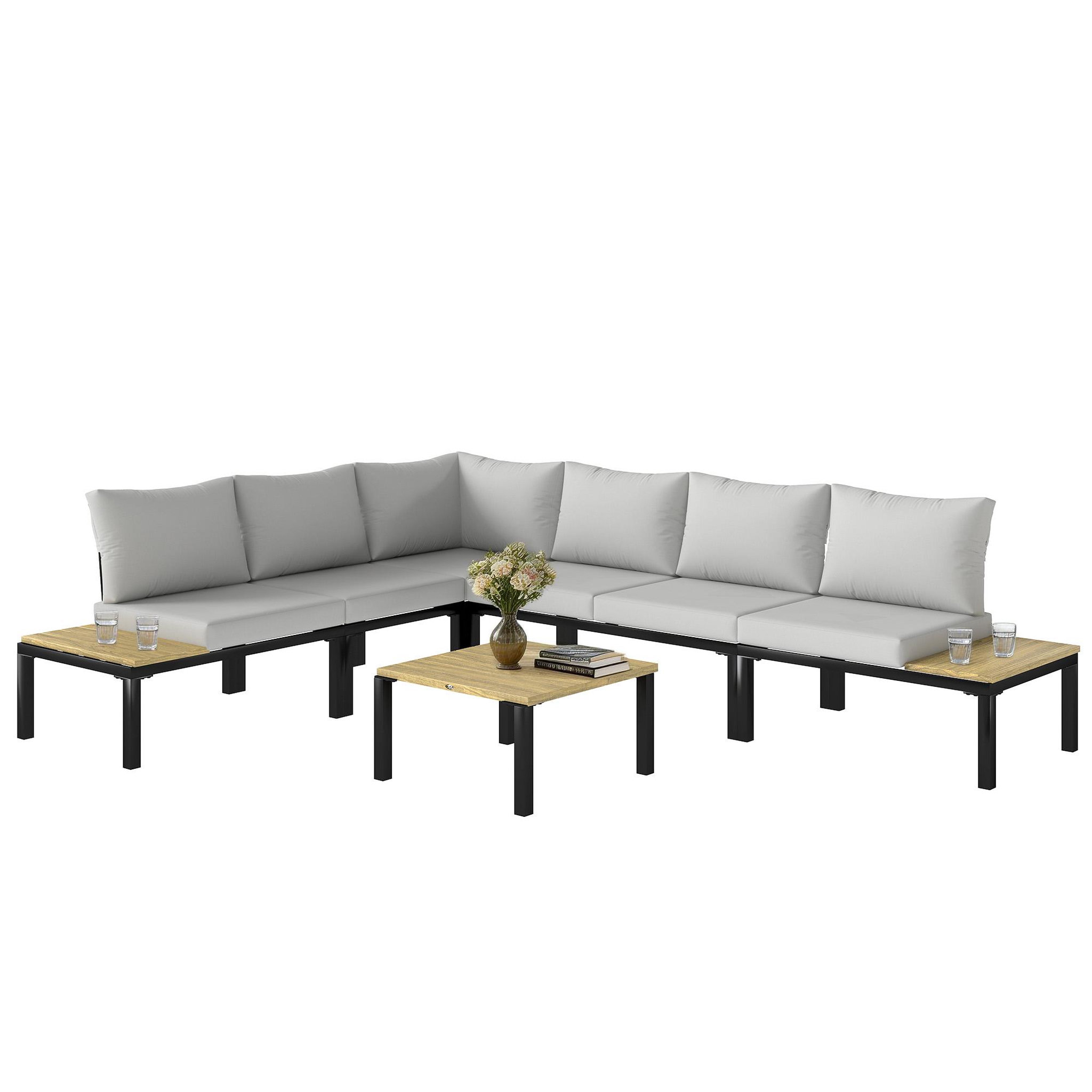 Voir la diapositive 5 : OUTSUNNY Salon de jardin d'angle 6 places design acier noir effet bois coussins gris clair