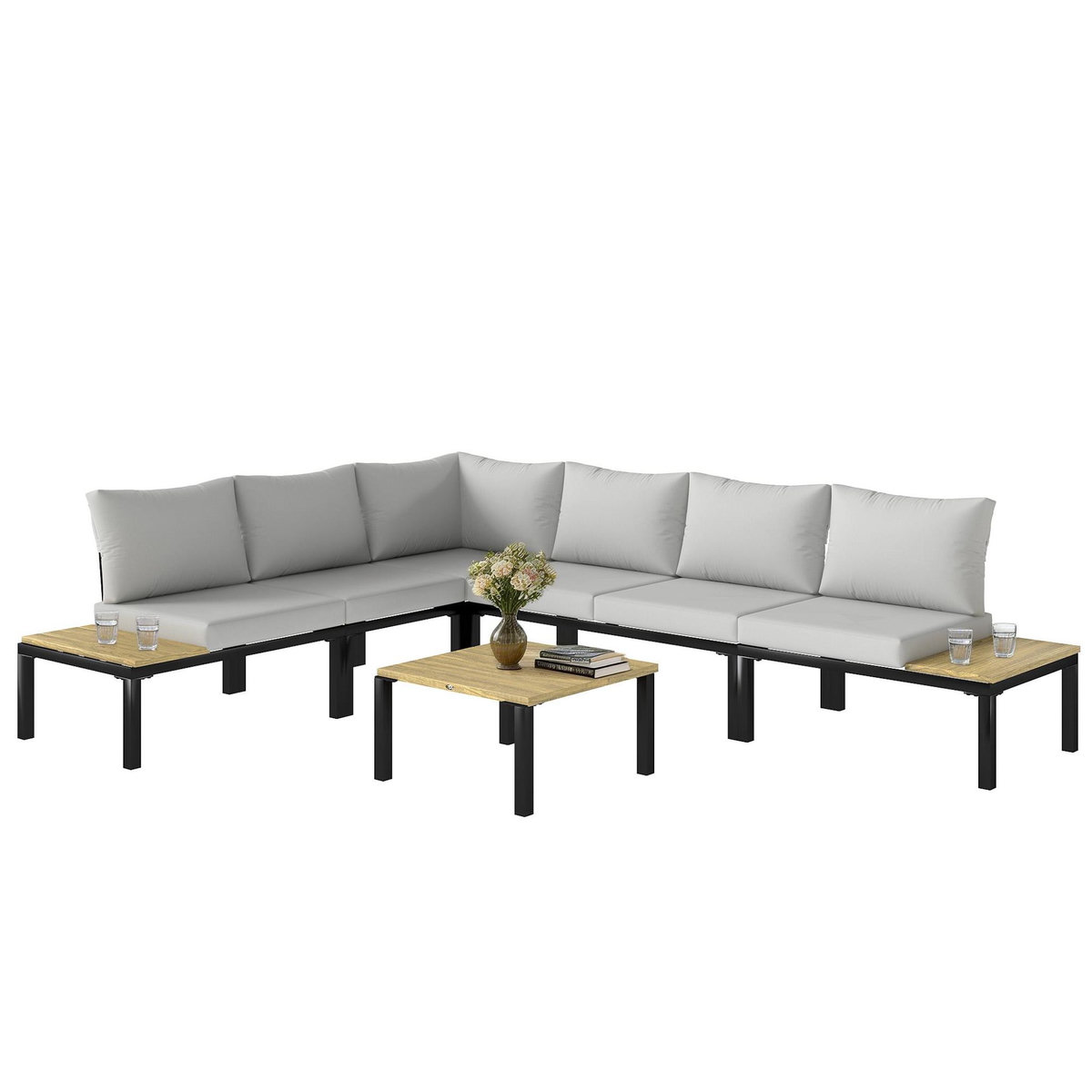 OUTSUNNY Salon de jardin d'angle 6 places design acier noir effet bois coussins gris clair