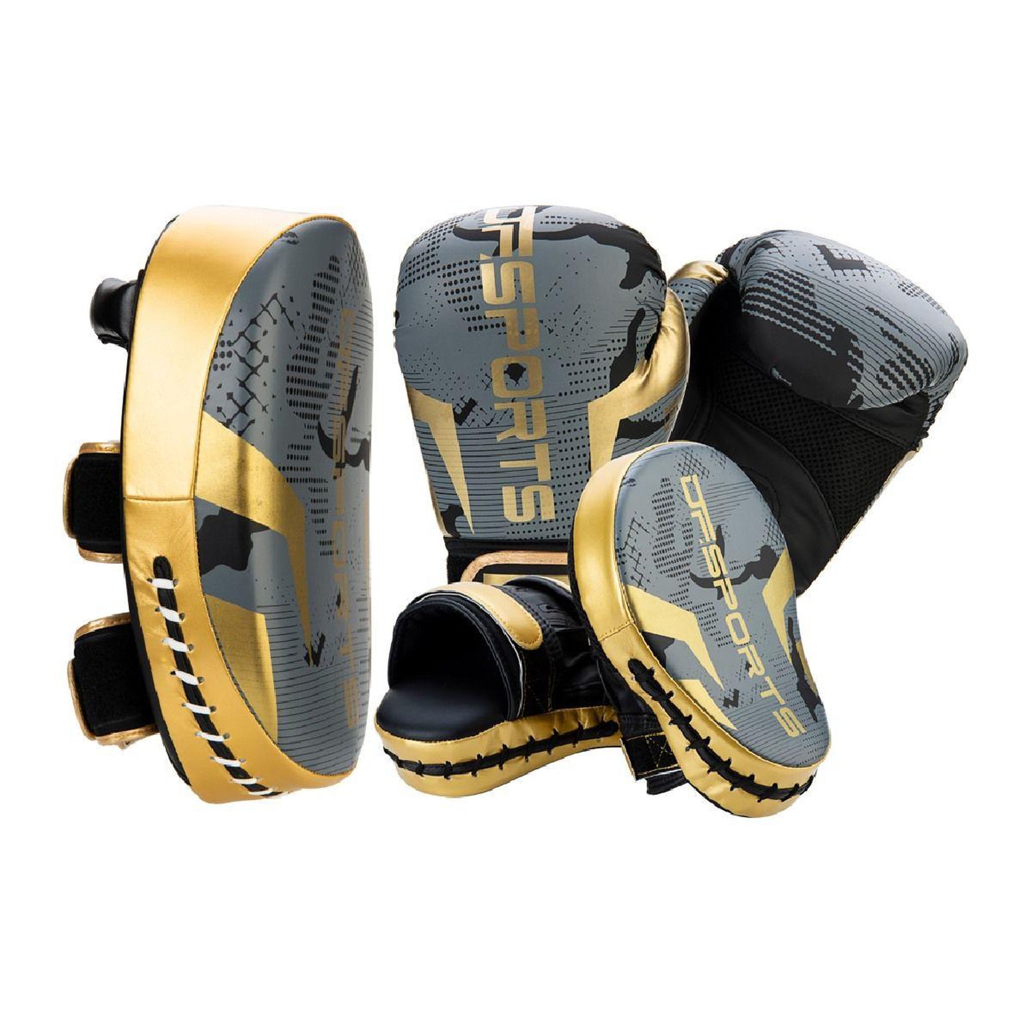 Voir la diapositive 1 : DE FAUGERES Set d'Entrainement Gants, Patte d'Ours & Pao  Boxe  10oz Gris & Or