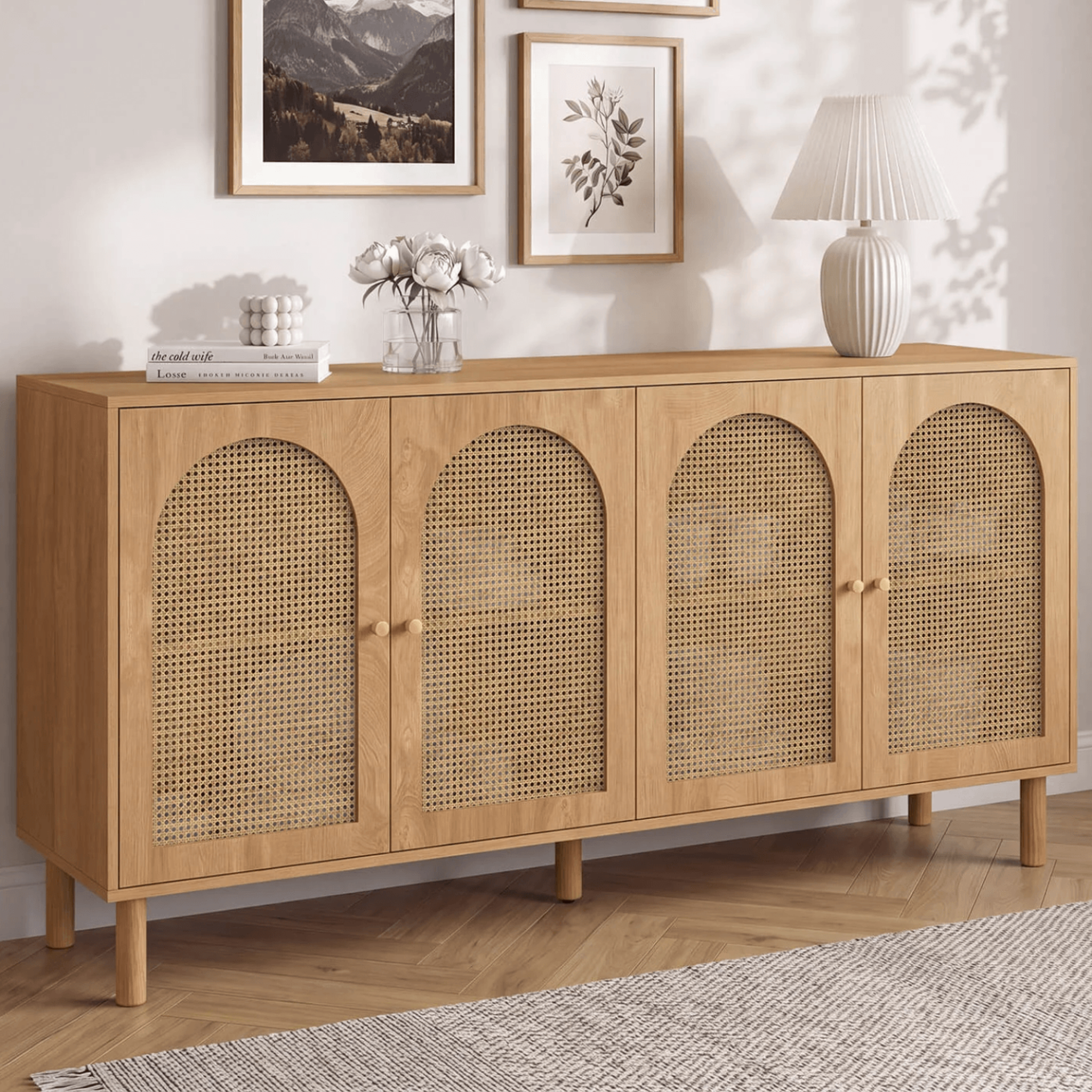 Voir la diapositive 2 : ID MARKET Buffet 160 cm vlora 4 portes forme arche bois et cannage