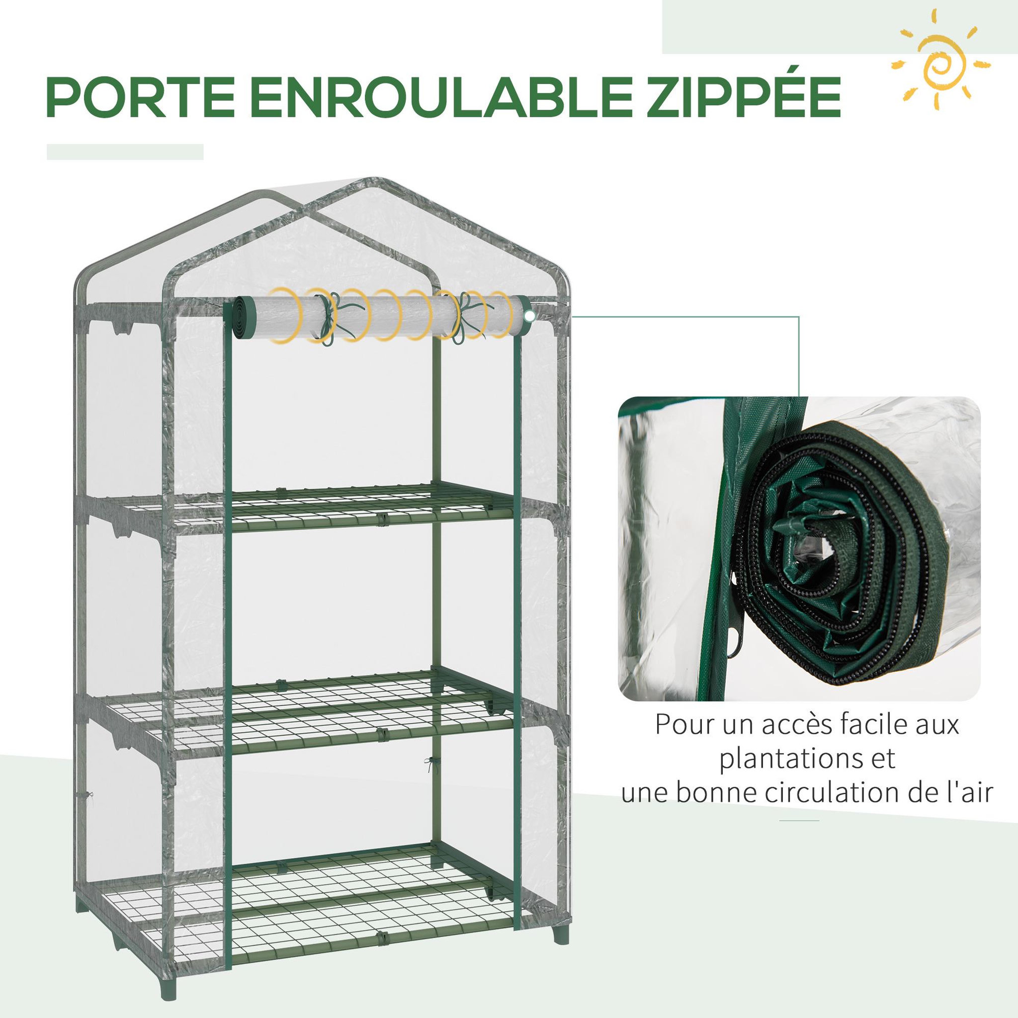 Voir la diapositive 5 : OUTSUNNY Serre de jardin balcon étagère serre 3 niveaux dim. 69L x 49l x 125H cm métal thermolaqué vert PVC haute densité transparent