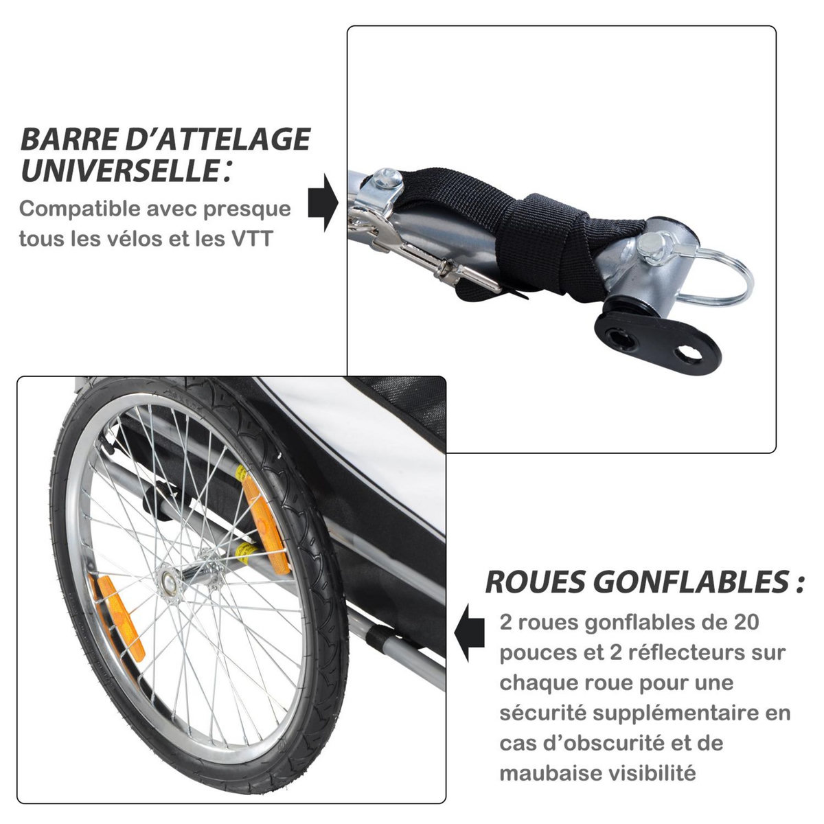 HOMCOM Remorque velo pour chien animaux avec drapeau et 8 reflecteurs blanc et noir