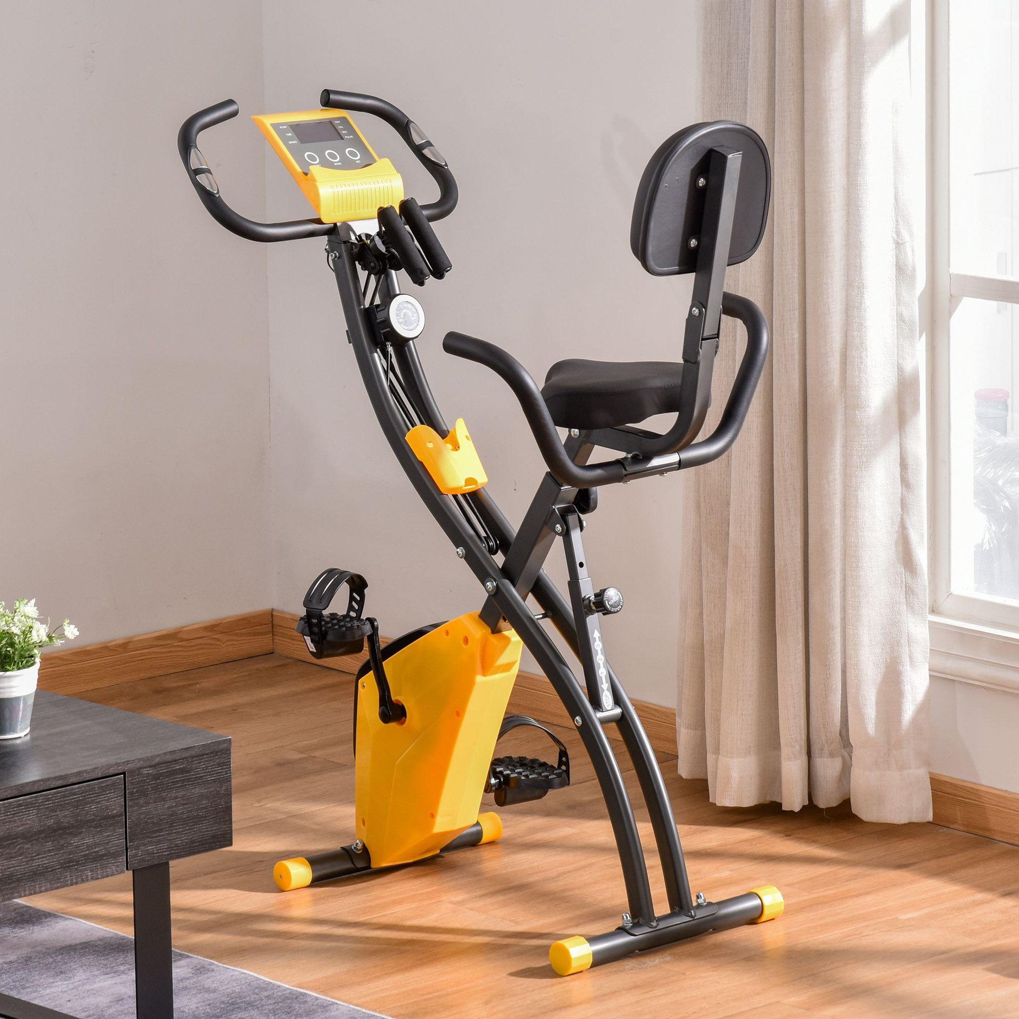 Voir la diapositive 2 : HOMCOM Vélo d'appartement pliant 8 niveaux de résistance magnétique dossier selle réglable poignées ergonomiques écran LCD multifonction suspensions support tablette acier