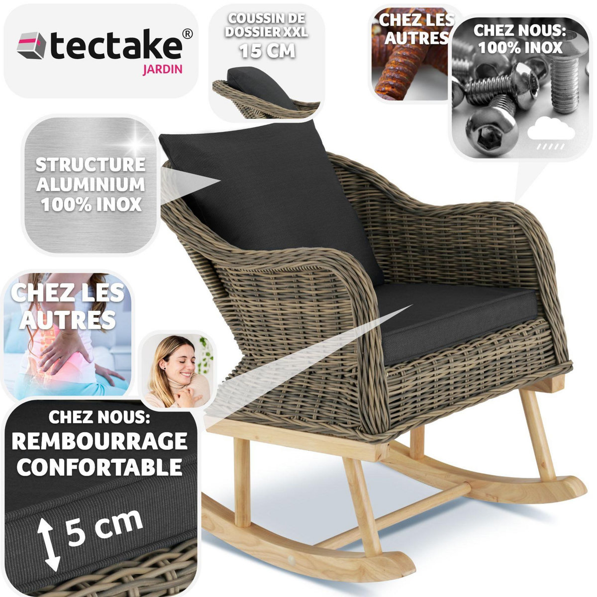 tectake Fauteuil à bascule en rotin tressage à l'aspect naturel avec cadre en aluminium marron naturel