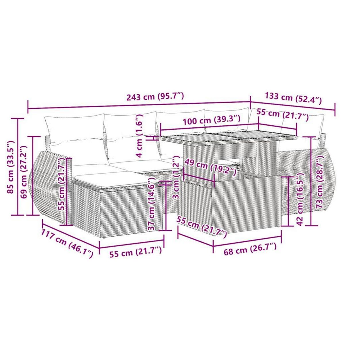 VIDAXL Salon de jardin avec coussins 7 pcs beige resine tressee
