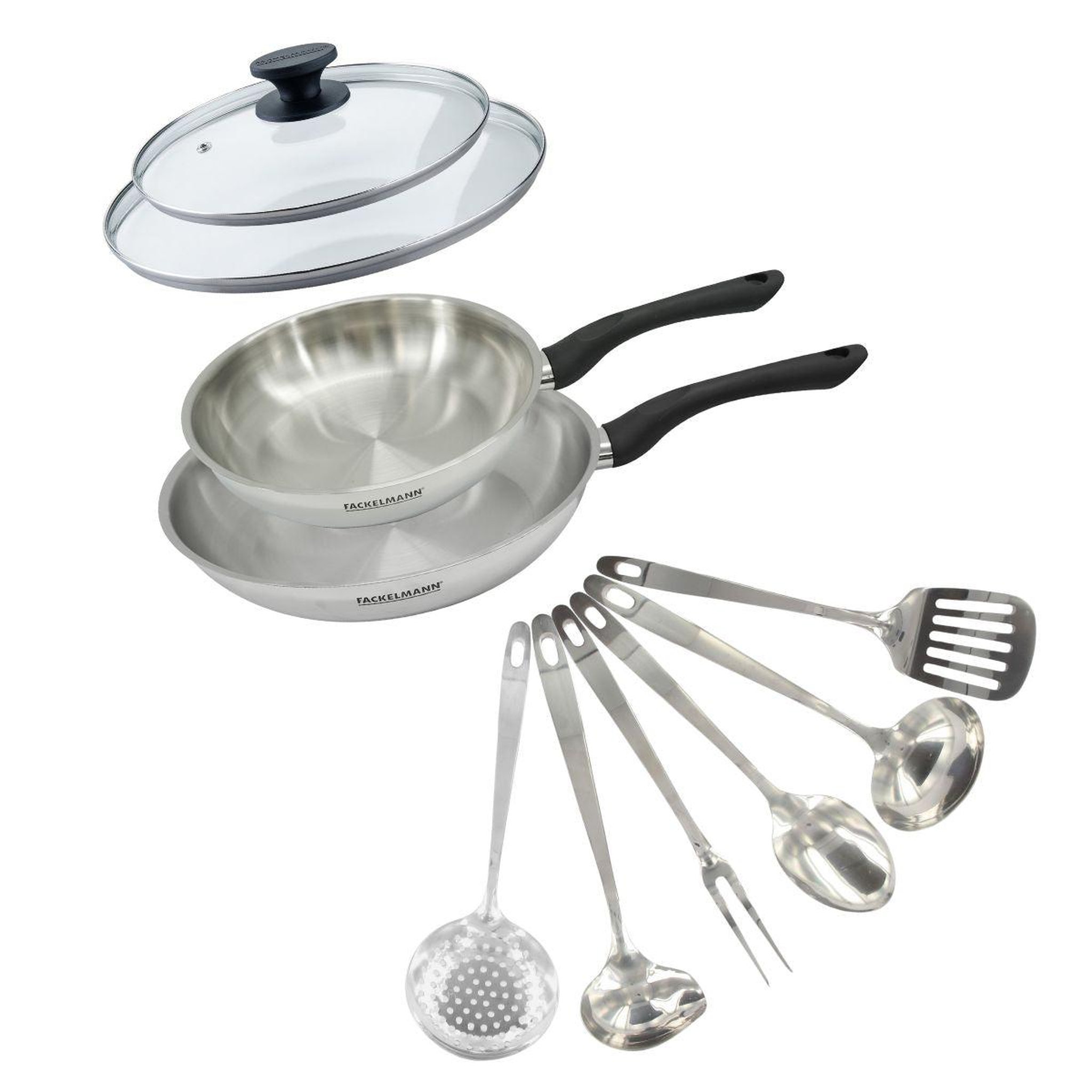 Fackelmann Set 2 poêles 24 et 28 cm en inox, couvercle verre et 6 ustensiles inox fackelmann geneva