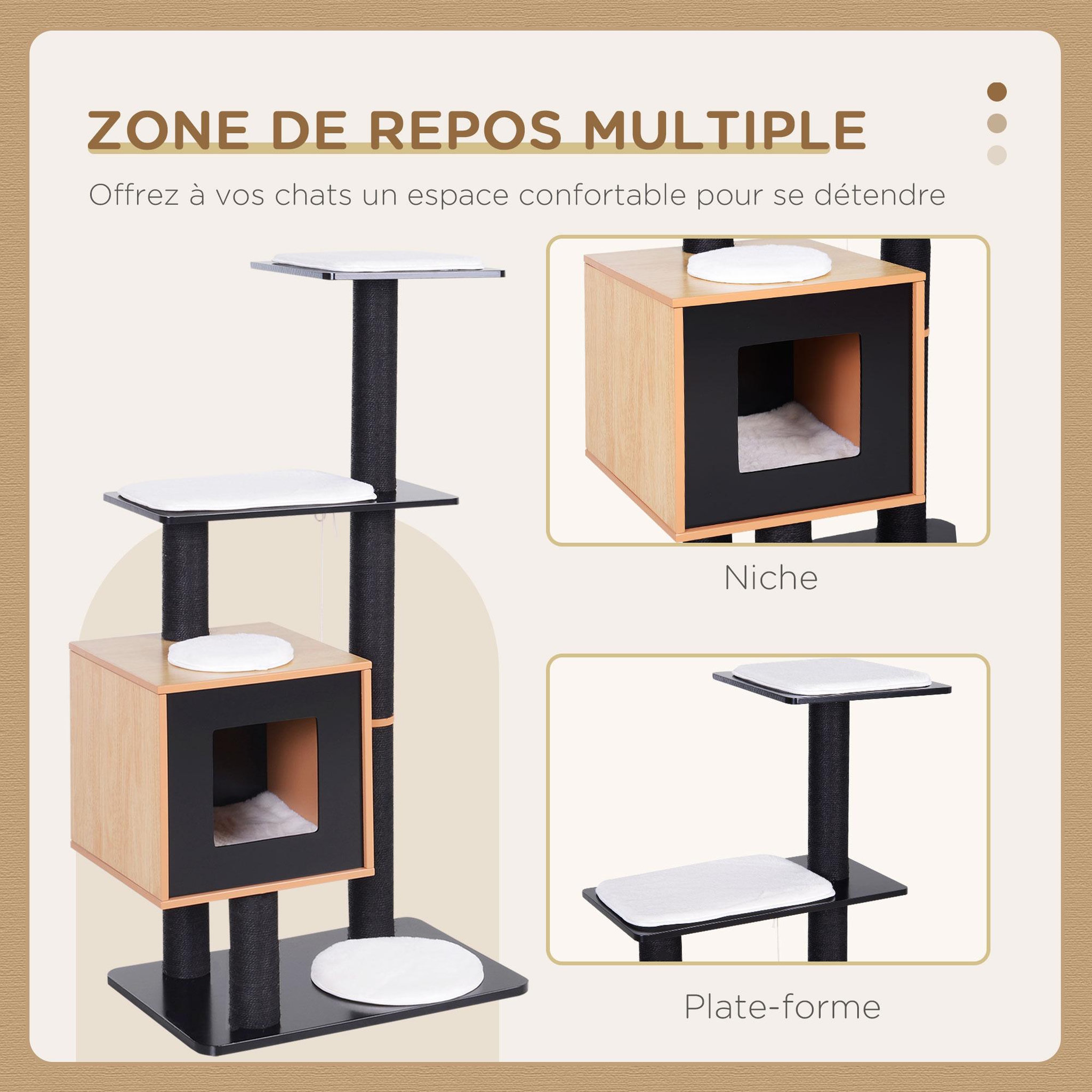 Voir la diapositive 4 : PAWHUT Arbre à chats design contemporain griffoirs grattoirs sisal naturel centre d'activités niche plate-formes jeu boules suspendues 71l x 49l x 120h cm mdf noir hêtre