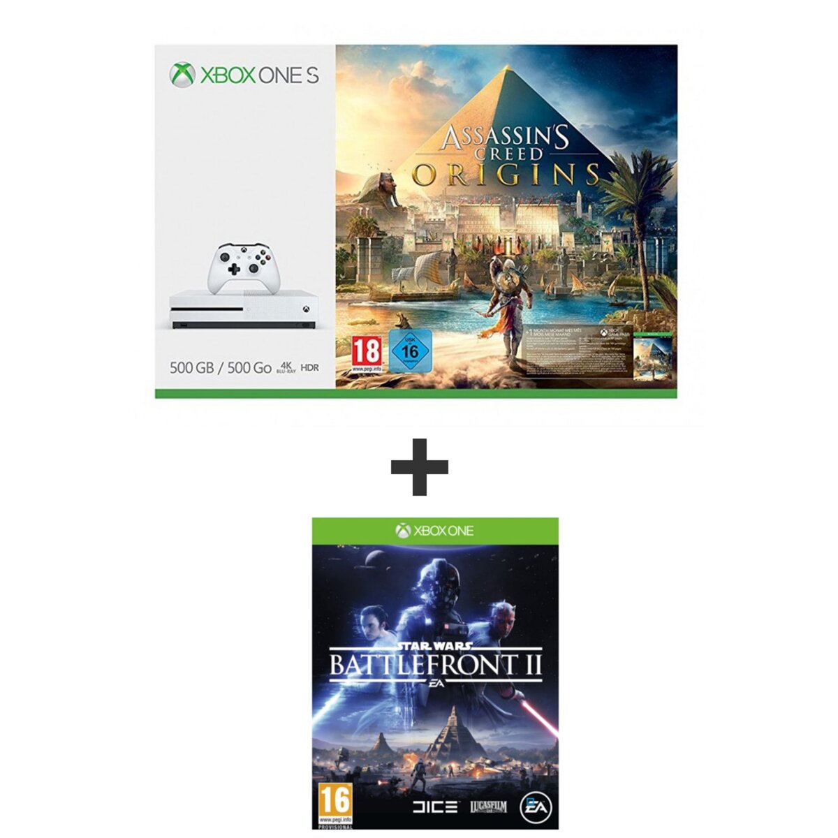 Console Xbox One S 500Go + Assassin's Creed Origins + Star Wars Battlefront II