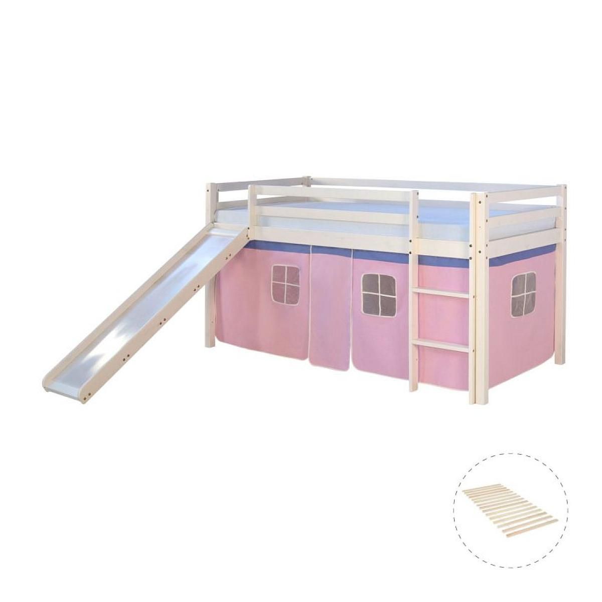 HomeStyle4U Lit mi-hauteur avec rideaux rose pale et toboggan