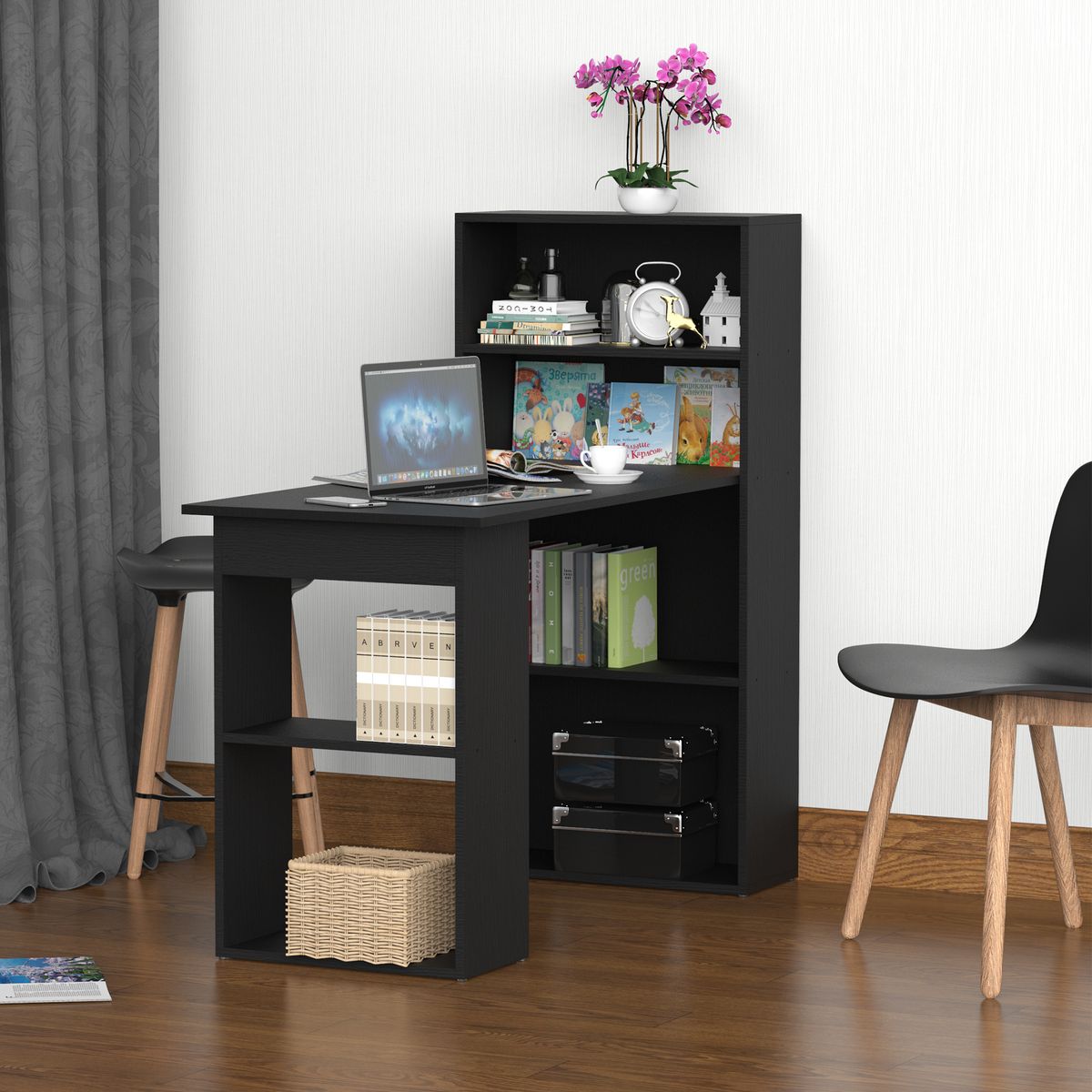 HOMCOM Bureau informatique 120L x 55l x 120H cm bibliothèque adjacente multi-rangements noir