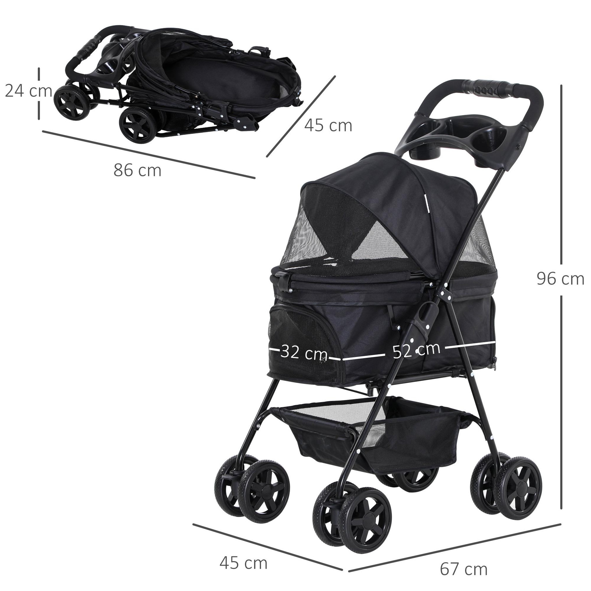 Voir la diapositive 3 : PAWHUT Poussette buggy pliable chien chat panier rangement porte-gobelets tissu 300d oxford imperméable 4 roues noir