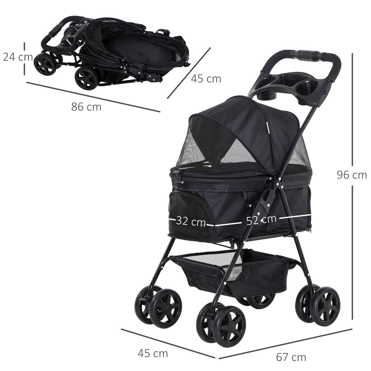 PAWHUT Poussette buggy pliable chien chat panier rangement porte-gobelets tissu 300D Oxford imperméable 4 roues noir