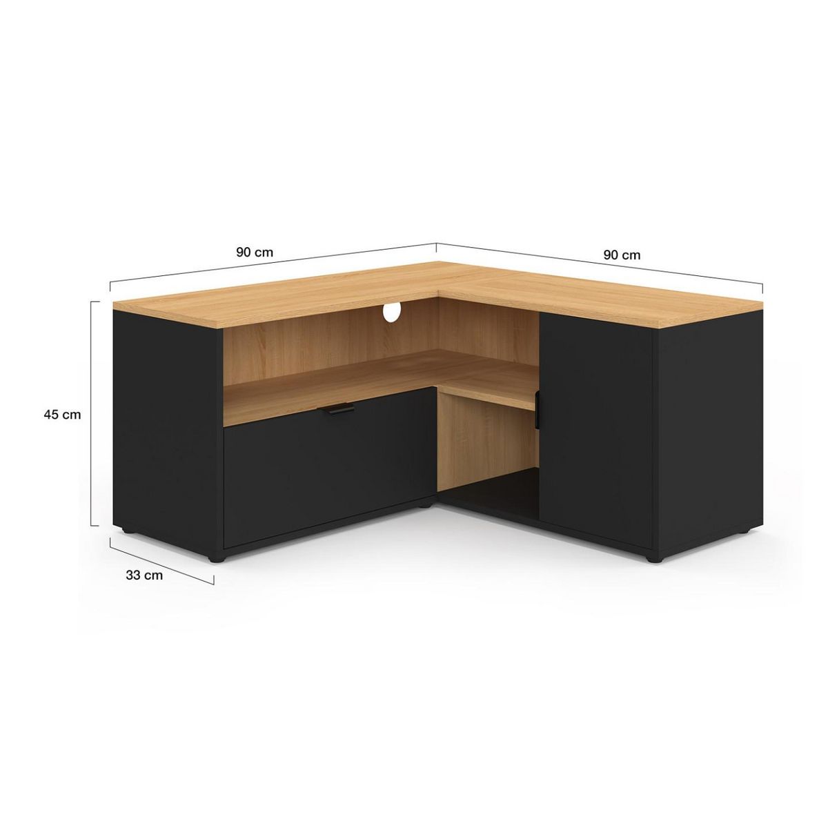 ID MARKET Meuble TV 90 x 90 cm d'angle BALTAZAR façon hêtre et noir