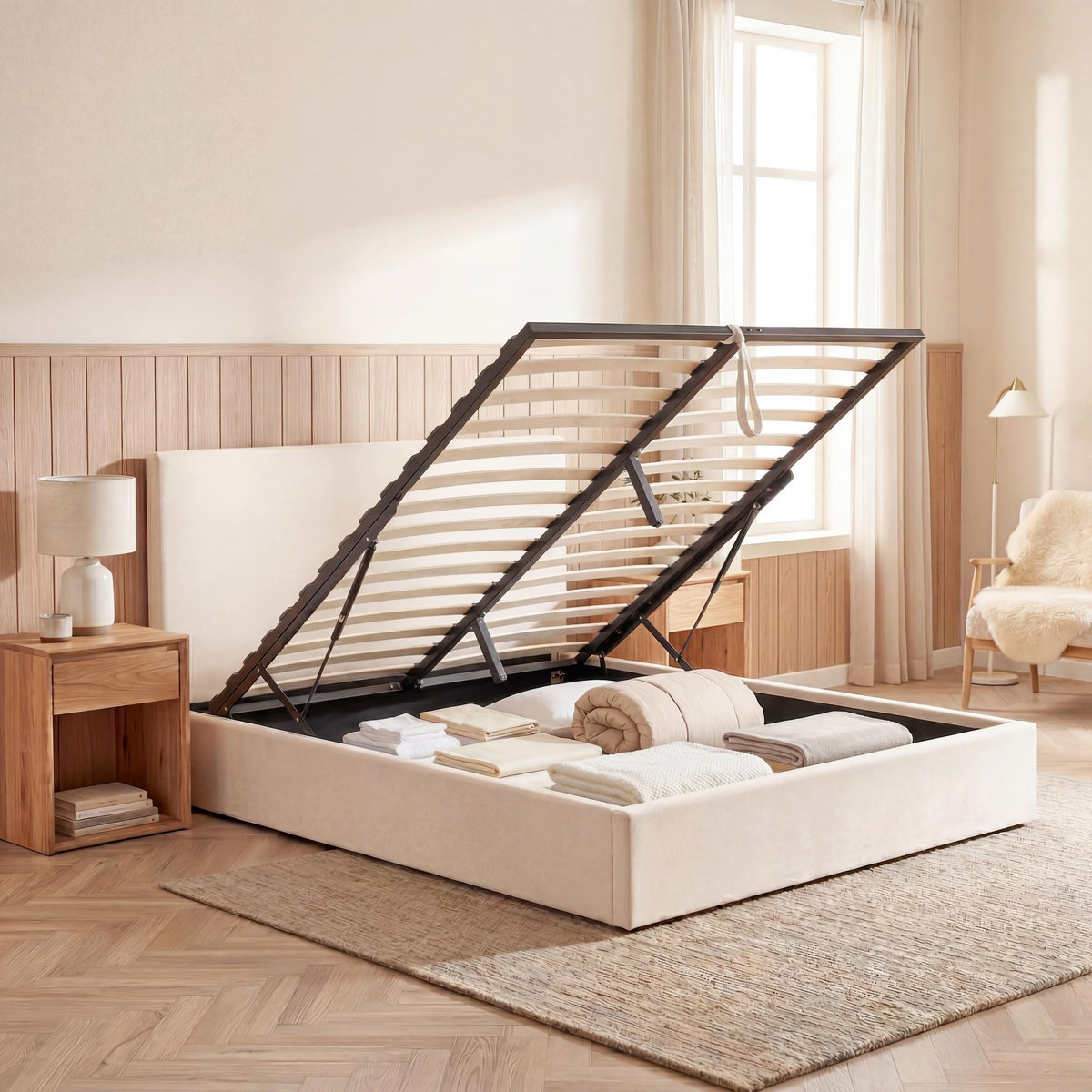 OLYMPE LITERIE OLYMPE LITERIE | Lit coffre velours beige NEMESIS 2 places