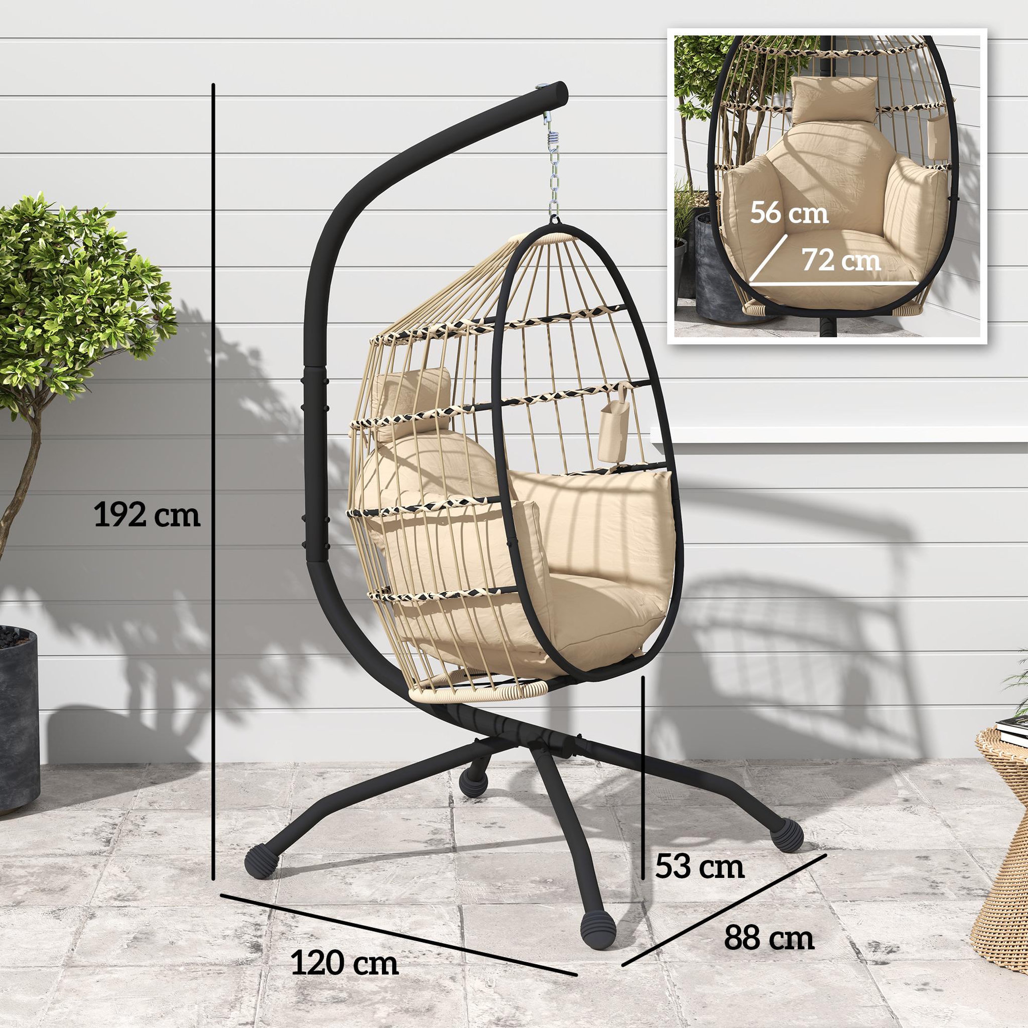 Voir la diapositive 3 : OUTSUNNY Fauteuil suspendu - fauteuil oeuf suspendu - panier pliable - épais coussin - porte-gobelet - acier noir résine tissu kaki